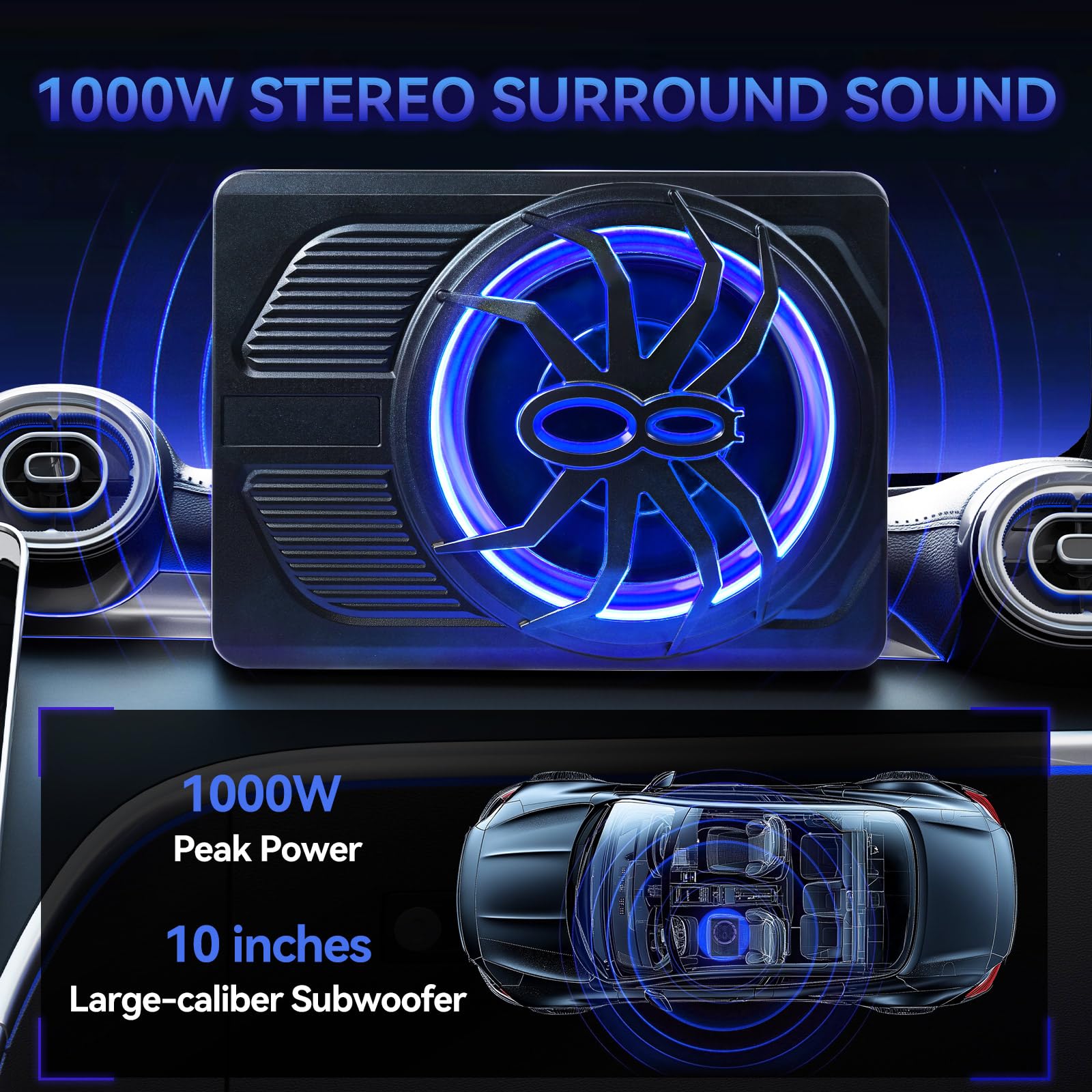 1000W Car Subwoofer With Remote Control, 10 Slim Under Seat Powered Car Subwoofer W/Built-In Amplifier & Hi/Lo Input, Bass Spe