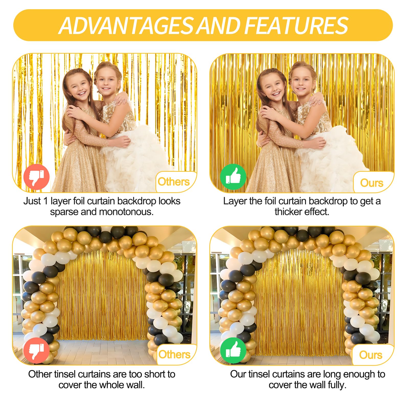 2 Pack Gold Foil Fringe Curtains Streamers Party Decorations 3.3 X 8.2 Ft, Gold Tinsel Curtain Fringe Backdrop For Parties, Door