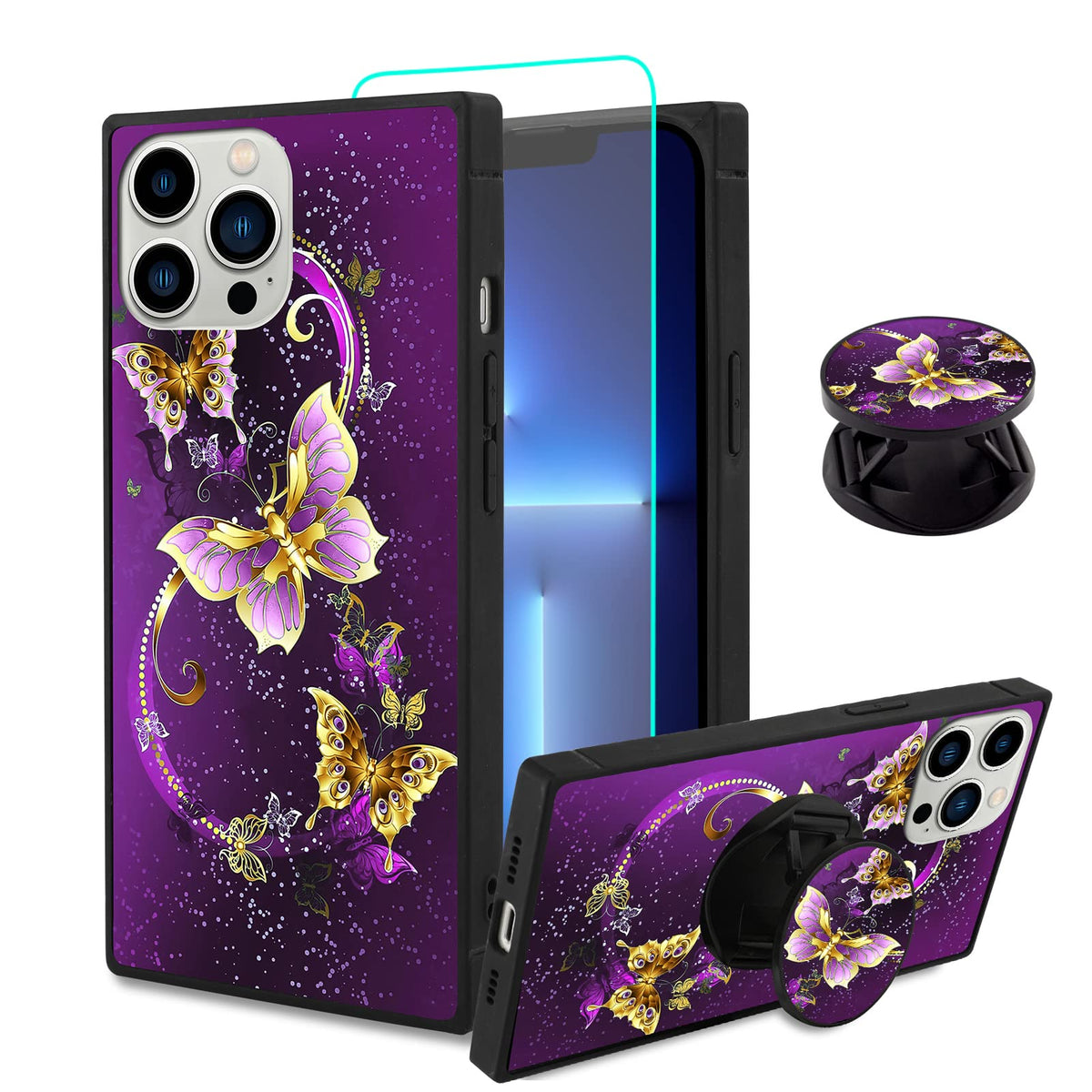 Sakuulo Iphone 13 Pro Max Case,[Screen Protector + Kickstand] Square Cute Purple Butterfly Print Design Soft Tpu Edge Protection