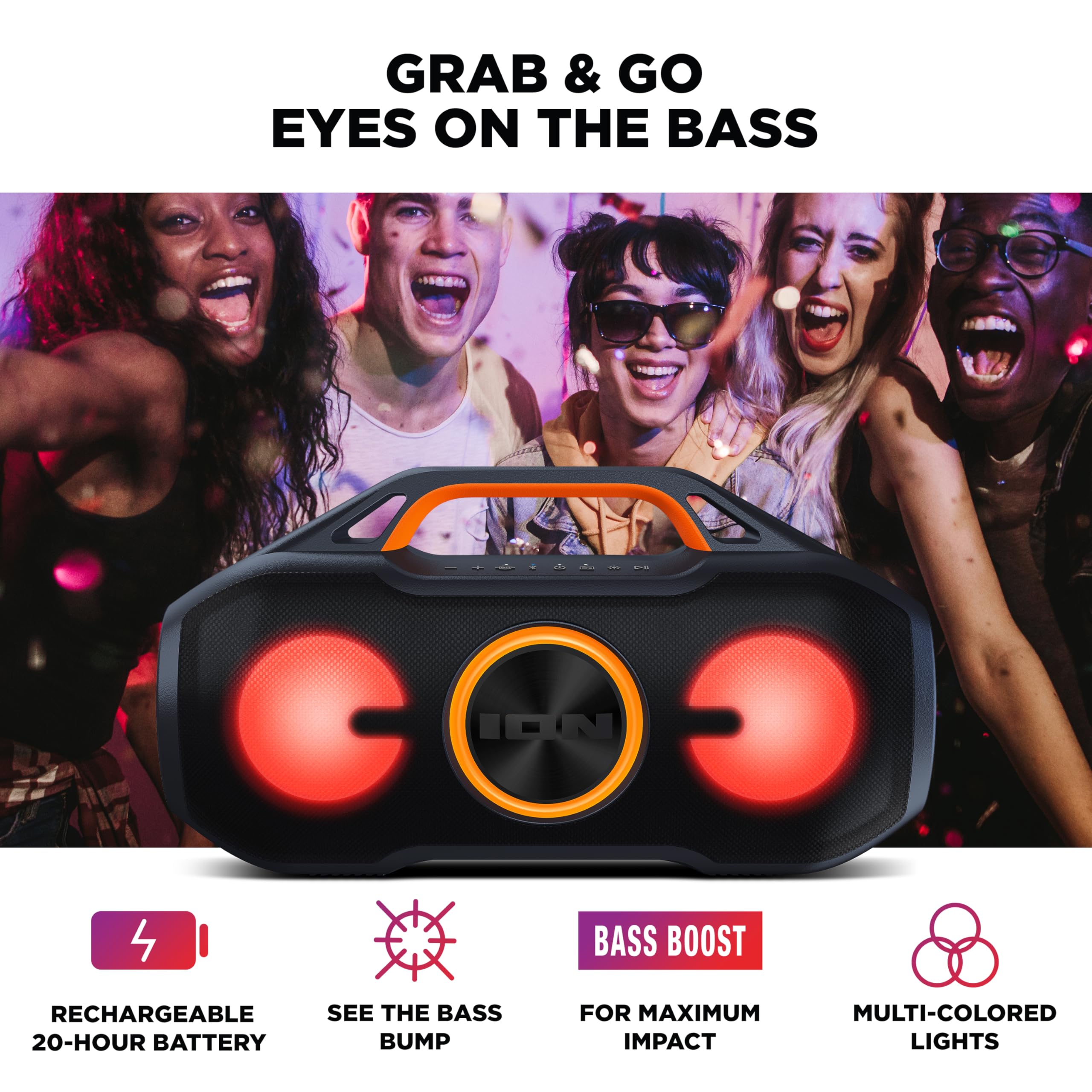 Ion Aquasport Max Waterproof 60W Portable Bluetooth Party Speaker With Lights, Battery, Built-In Microphone, Radio And Aux Input