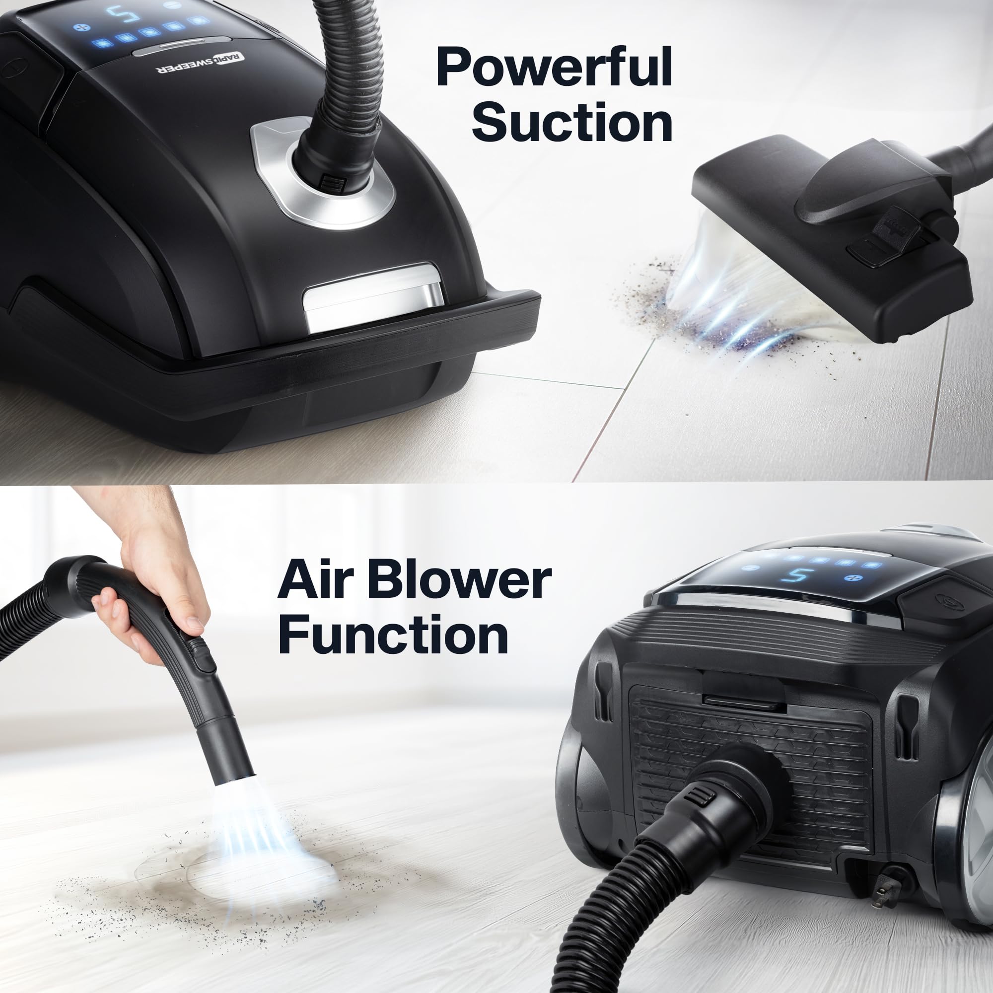 Rapidsweeper Bagged Canister Vacuum Cleaner & Blower For Home   Washable Hepa Filter   5L Capacity   5 Speeds   For Hardwood & L
