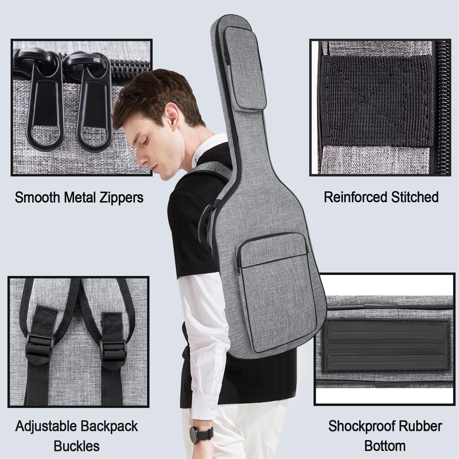 Muztop Bass Guitar Bag, 7Mm Padding Bass Guitar Gig Bag Padded Soft Electric Bass Guitar Case Backpack With Pockets, Grey