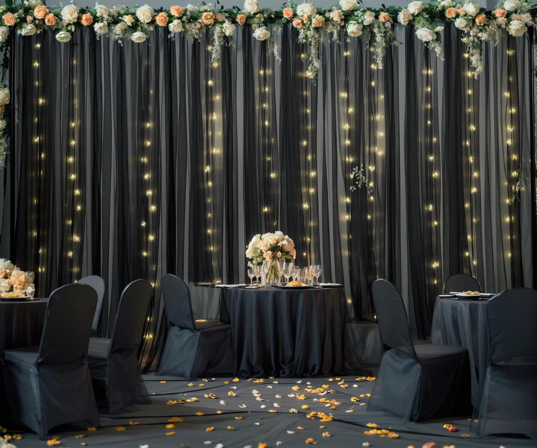 10Ft X 10Ft Black Tulle Photo Backdrop Curtain With Lights String For Parties Sheer Black Curtain Backdrop For Birthday Party Ba