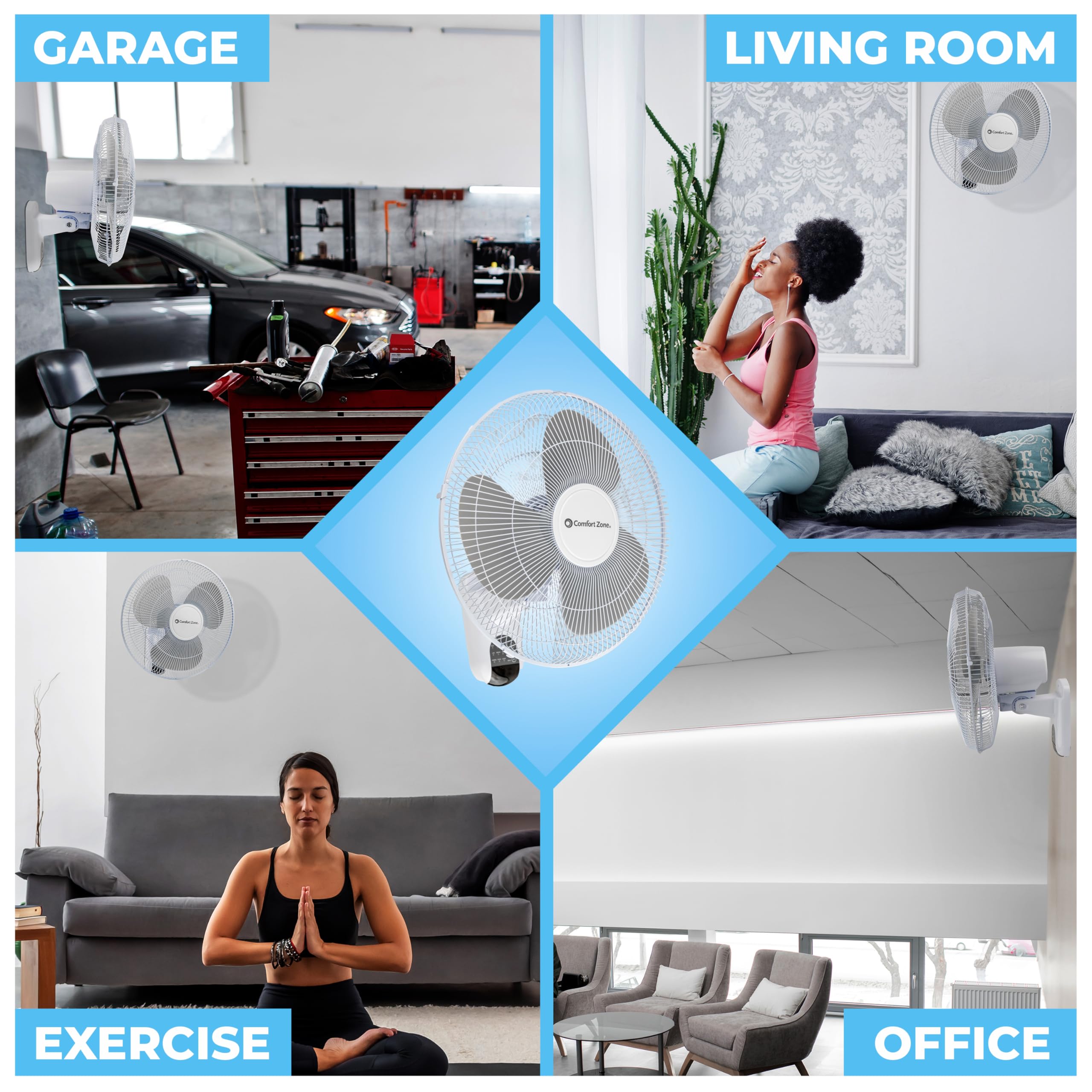 Comfort Zone 16'' Quiet 3 Speed Wall Mount Fan With Remote Control, Timer And Adjustable Tilt, Ideal For Home, Bedroom, Gym & Of