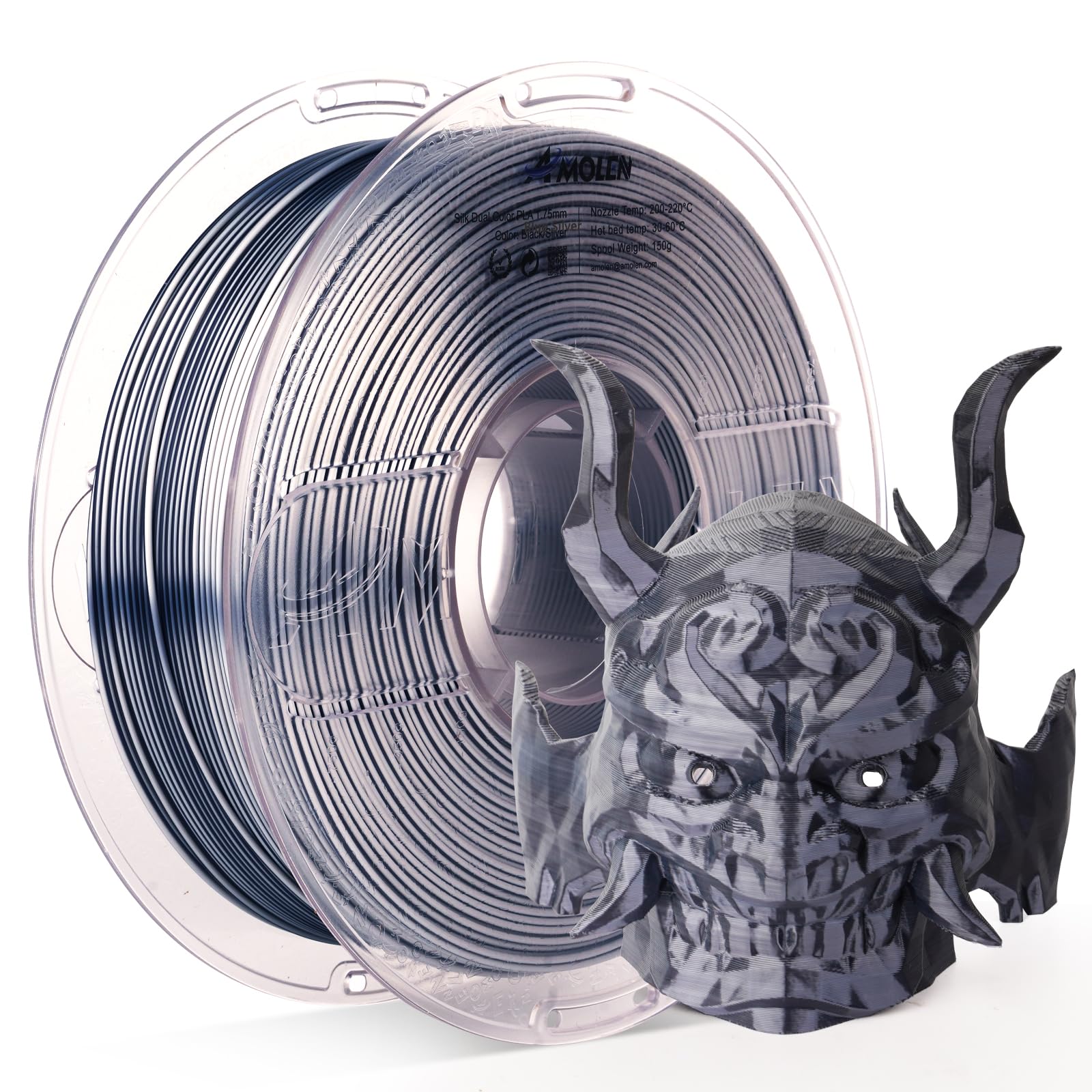 AMOLEN Silk PLA 3D Printer Filament, Dual Color Black Silver PLA 1.75mm, Shiny Color Change Filament 3D Printing PLA Filament fo
