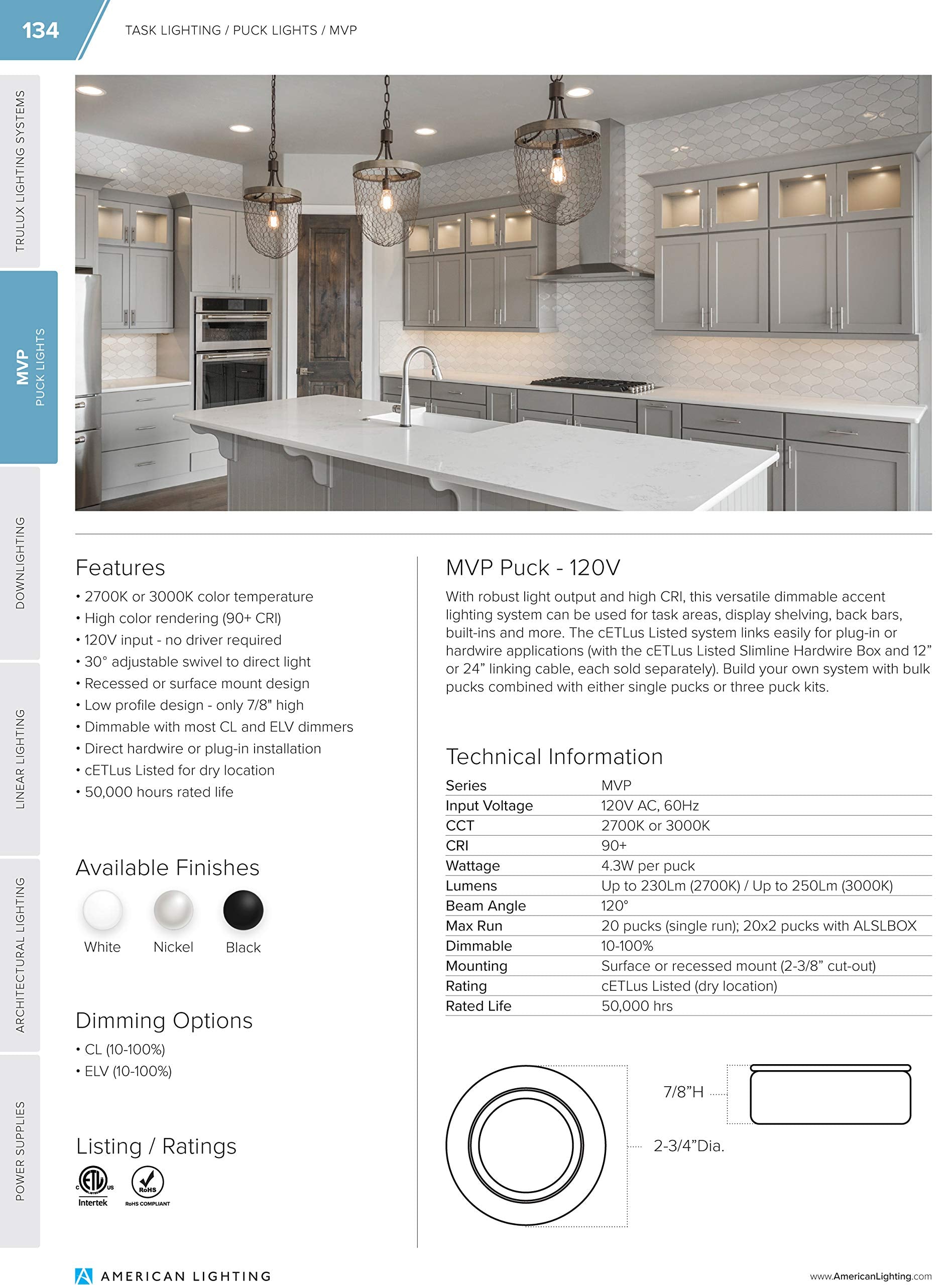 Mvp Three Puck Kit, Easy To Install Dimmable Swivel Puck Lights, Linkable, Cetlus Listed, 2 3/4 Inch Diameter, 4.3 Watt, 2700K B