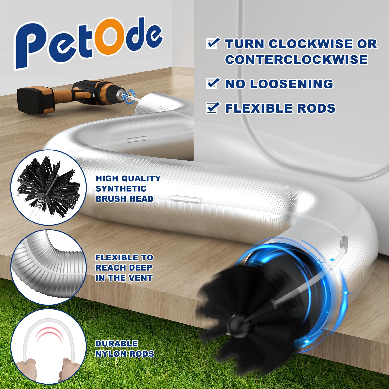 Petode 32 Feet Dryer Vent Cleaner Kit, Enhanced Flexible Quick Snap Brush With Drill Attachment For Effective Cleaning, 360 Degr