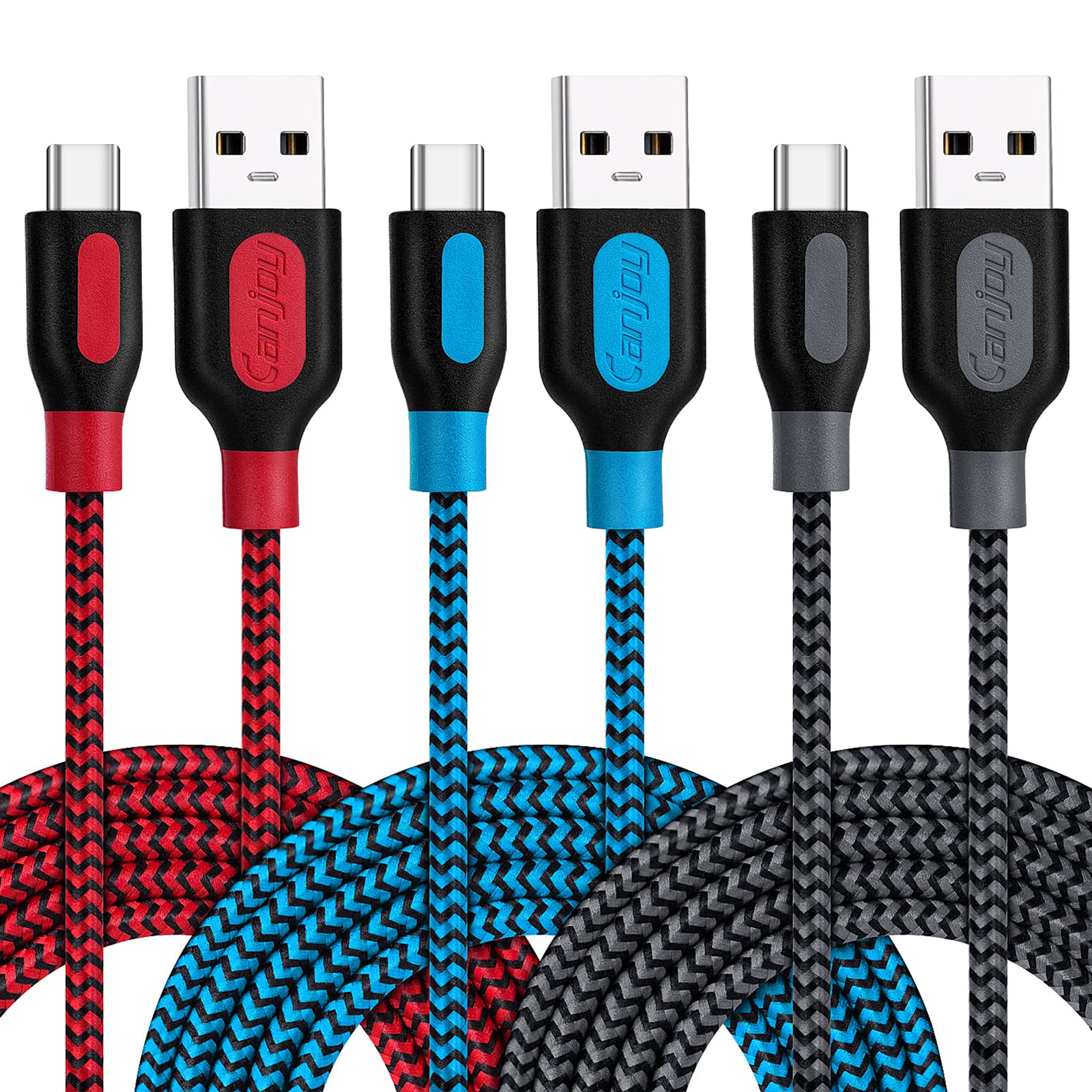 Canjoy Usb Type C Cable, 3 Pack 10Ft Braided Type C Charger Fast Charging Cord Compatible Samsung Galaxy S10 S10+ S10E S8 S9 Plus Note 8 9, Lg V20 G5 G6 V30 (Red Blue Grey)