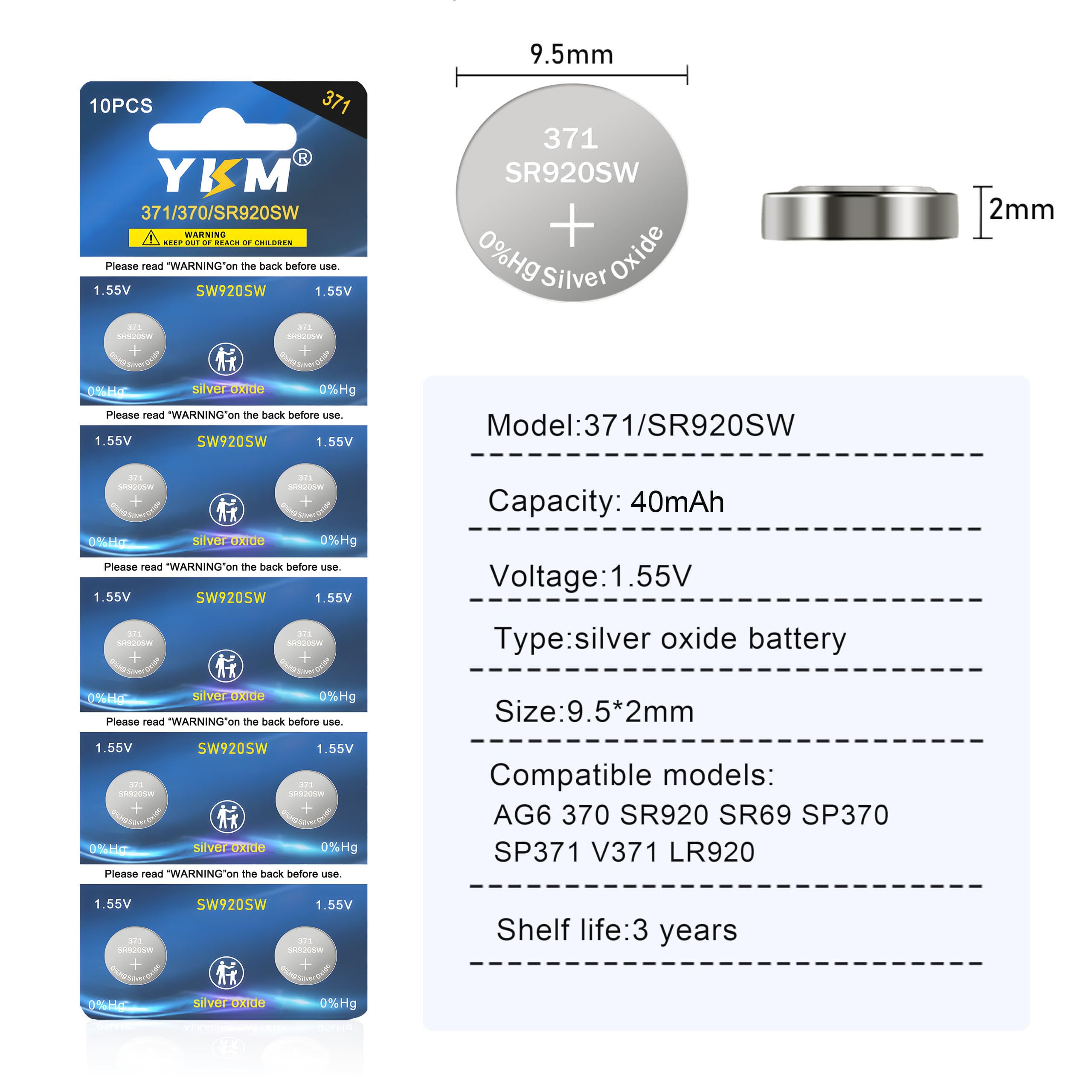 Ykm Sr920Sw 370 371 Watch Battery Ag6 Lr921 V371 1.55V Silver Oxide Battery Long Lasting Button Coin Battery 40 Pack