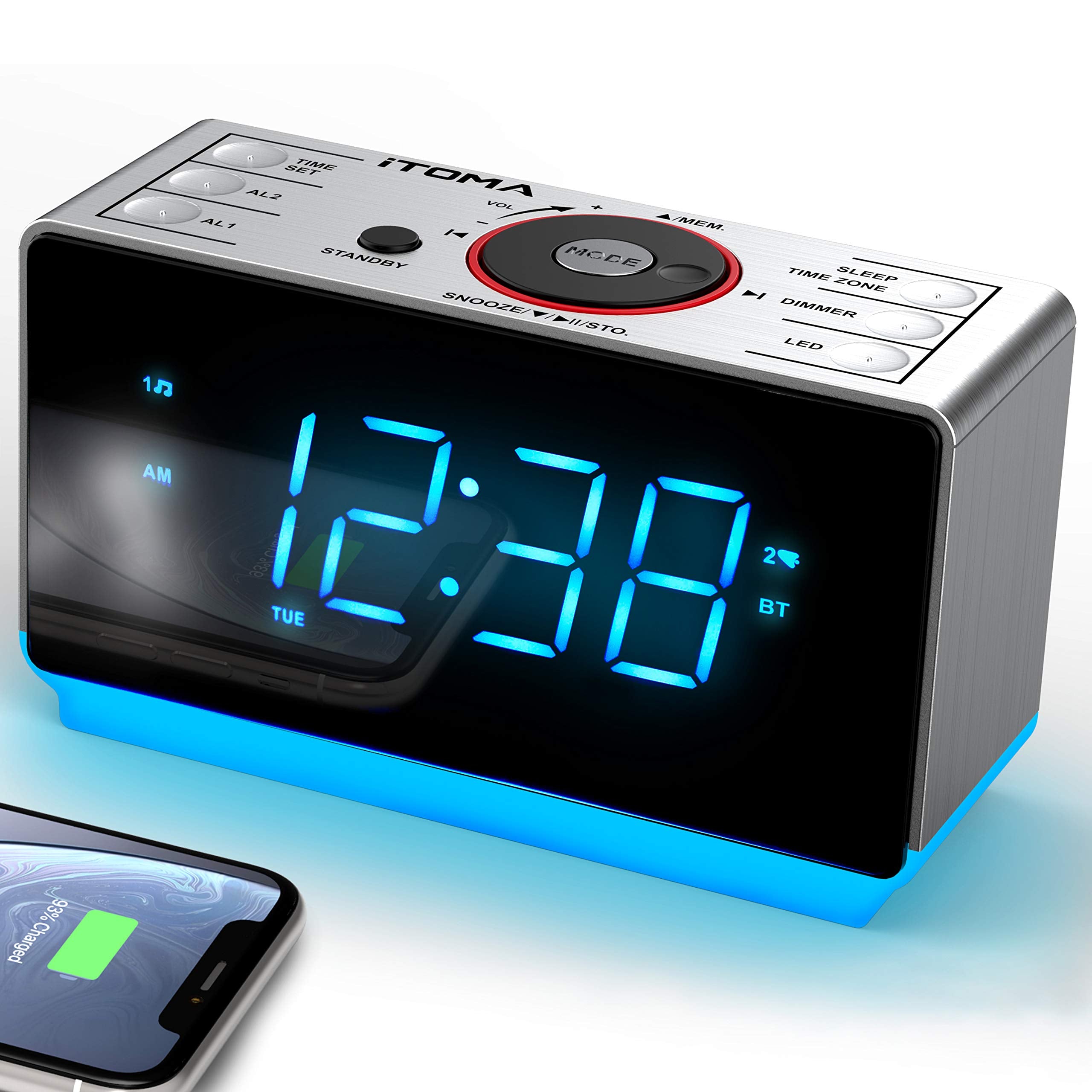 Itoma Alarm Clock Radio With Bluetooth Speaker, Fm Radio, Dual Alarm With Snooze, Large Led Display, Dimmer Control, Usb Chargin