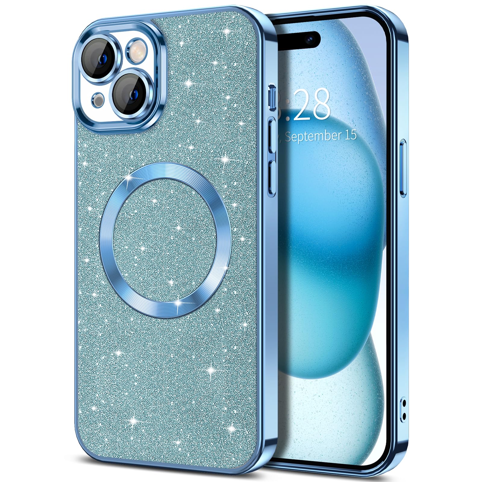 Hython For Iphone 15 Plus Case Glitter, Clear Magnetic Phone Case With Camera Lens Protector [Compatible With Magsafe] Bling Spa