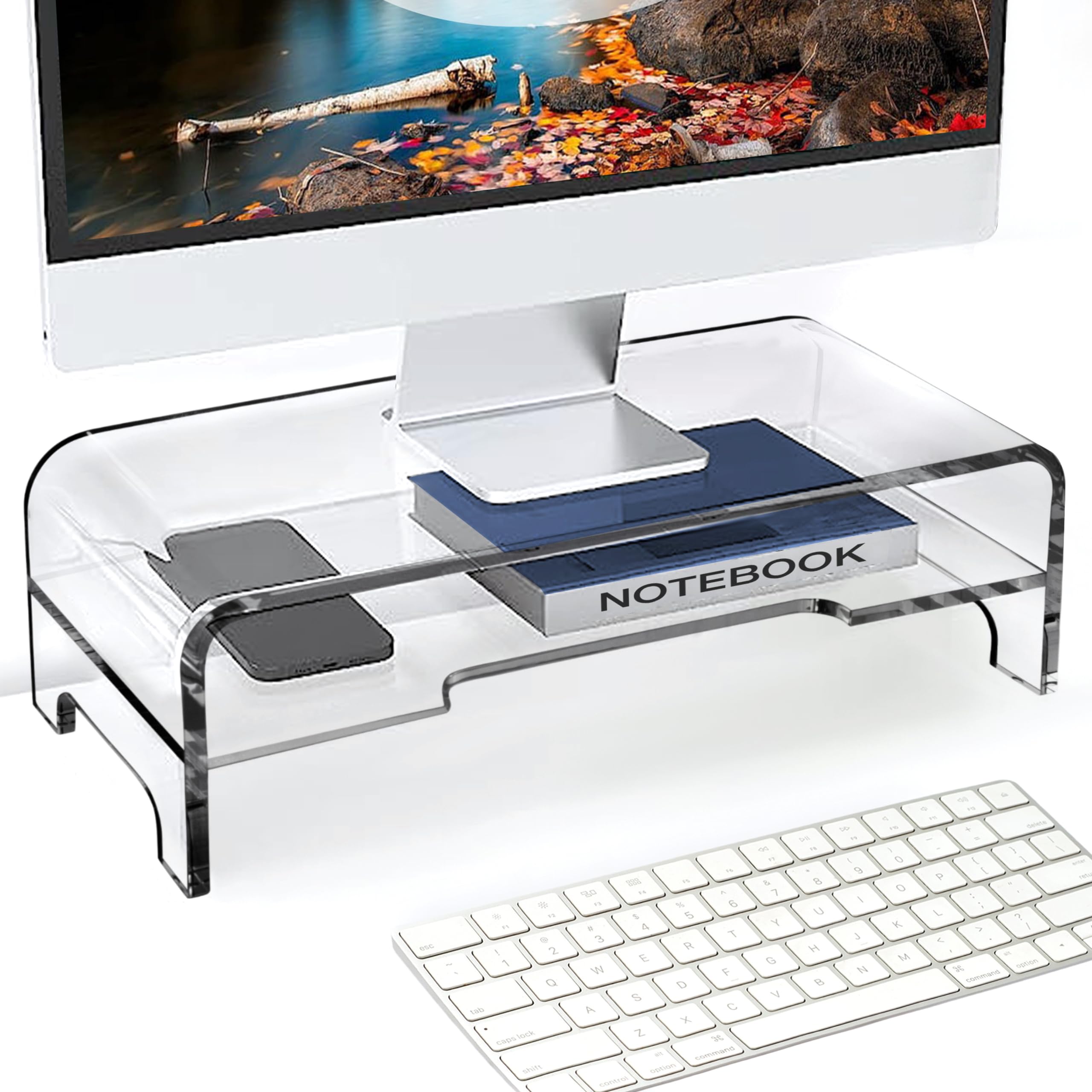 Amt 2 Tier 5.5 Inch High Amt Clear Acrylic Monitor Stand Riser Clear Computer With Cat Keyboard Protector, Space Saving Design,