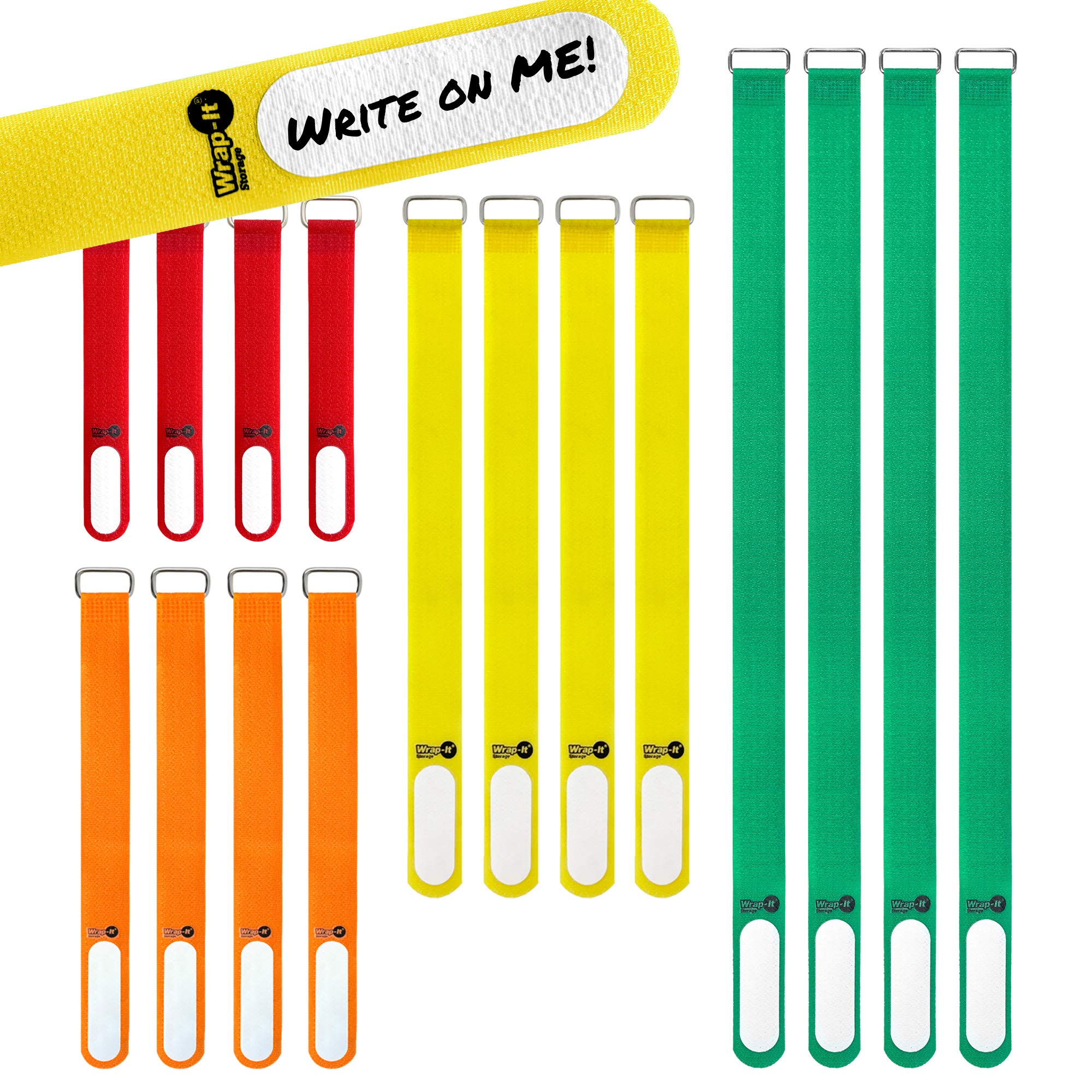 Wrap It Storage Cinch Straps (Assorted 16 Pack) Hook And Loop Straps With Metal Buckles And Write On Labels For Easy Cord Identi