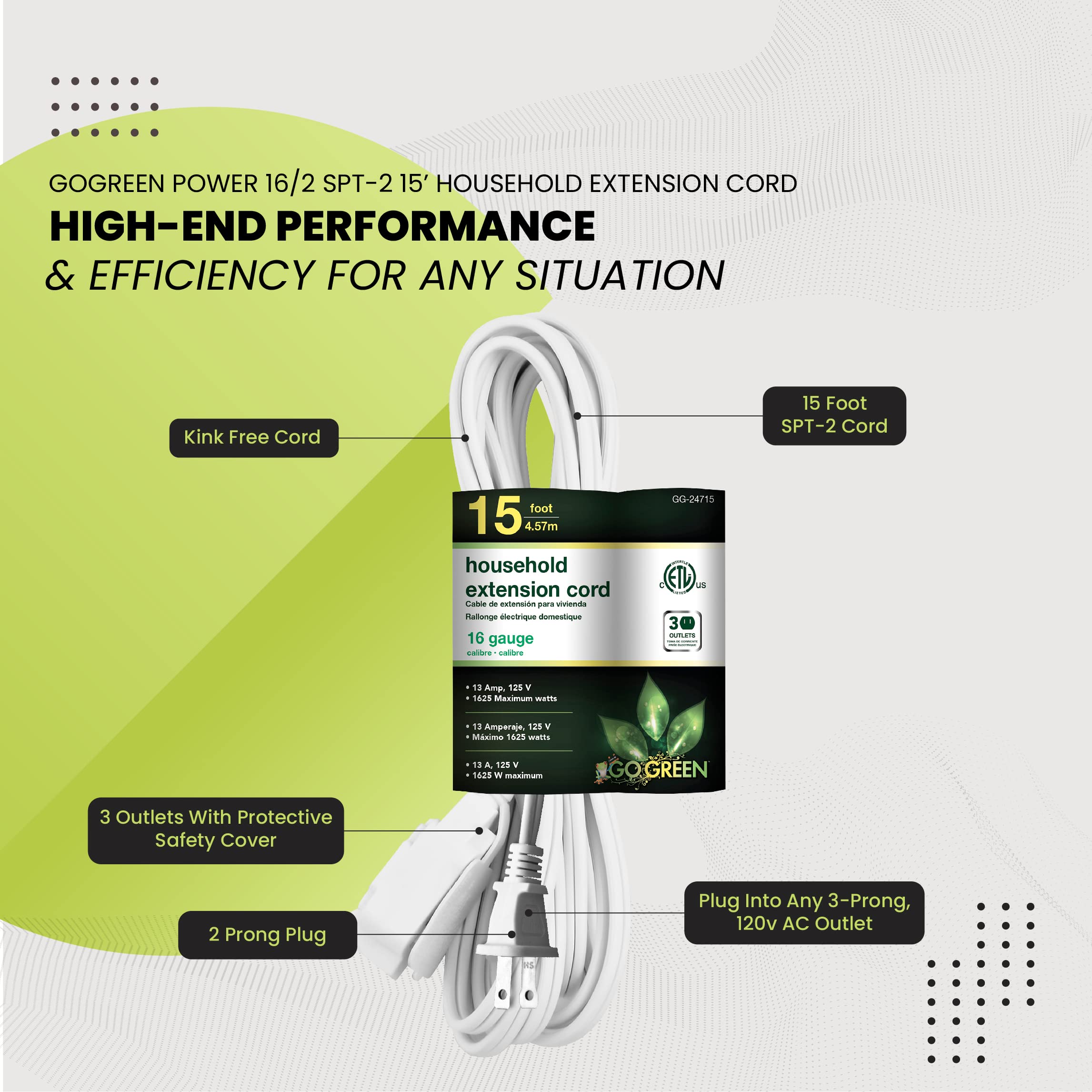 Gogreen Power (Gg 24715) 16/2 15' Household Extension Cord, 3 Outlets, White, 15 Ft