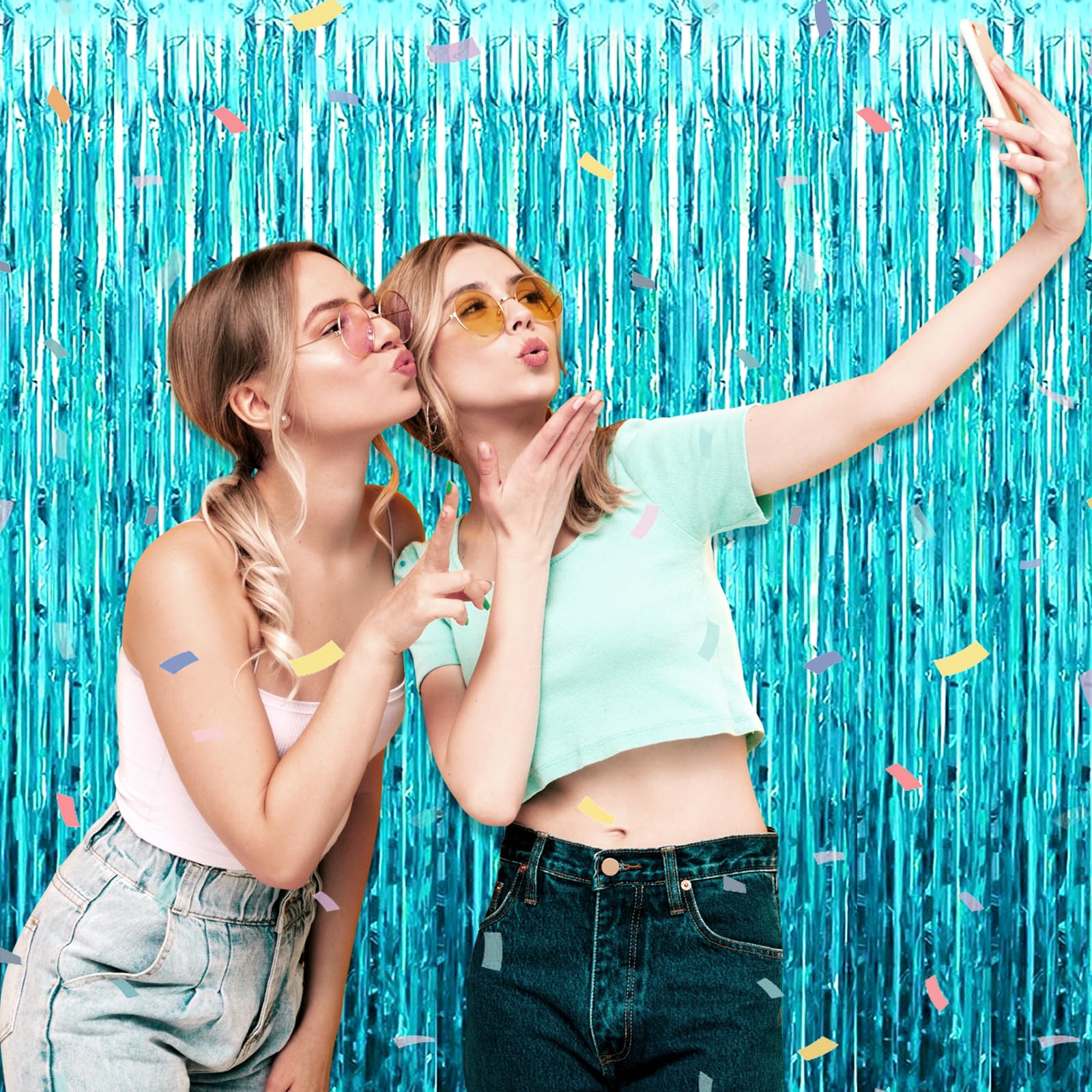 3 Pack Lake Blue Foil Fringe Curtain Backdrop, 3.28Ft X 8.2Ft Metallic Tinsel Foil Fringe Streamer Curtains For Photo Booth, Chr