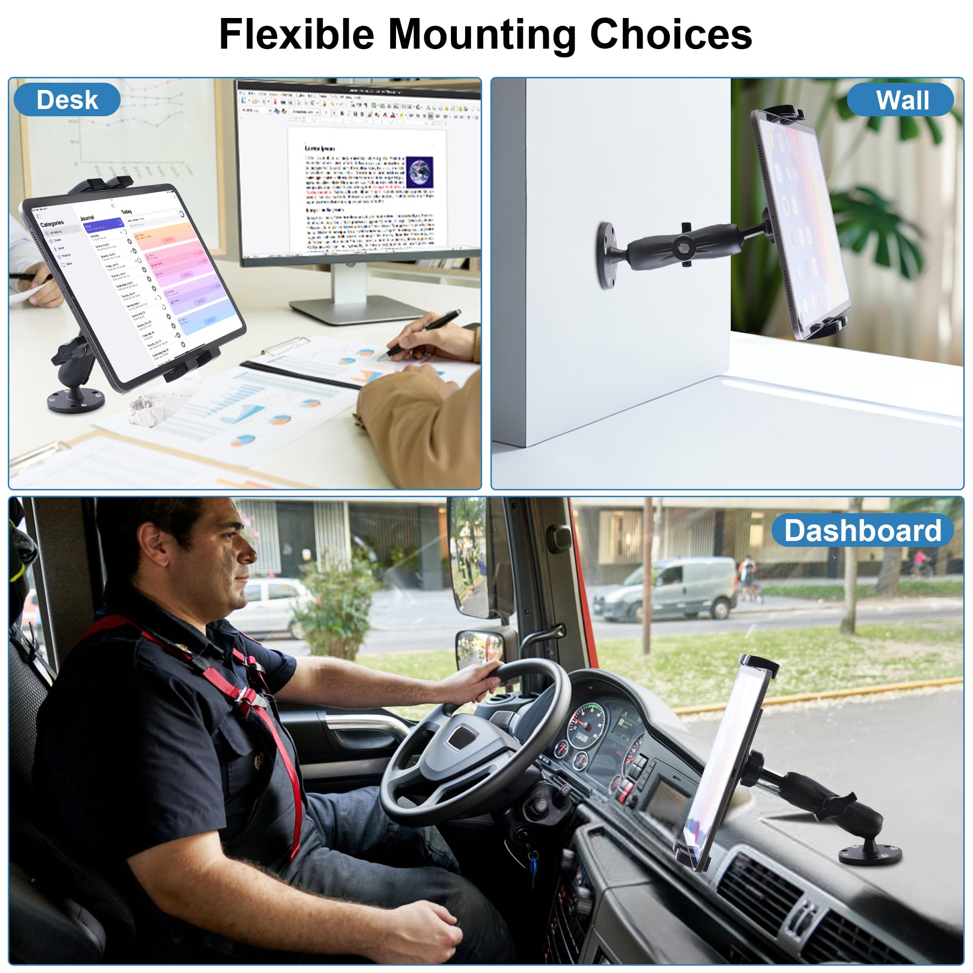 Teqable Industrial Tablet Mount For Truck&Vehicle, Heavy Duty Drill Base Ipad Mount Holder For Car, Adjustable Aluminum Arm, Com