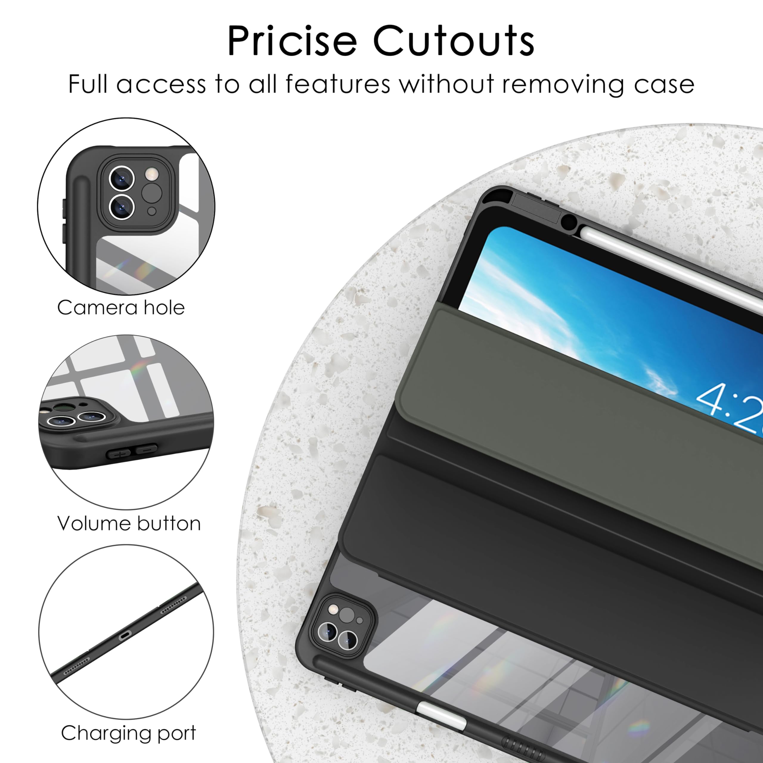 Soke Case For Ipad Air 13 M2 2024/Pro 12.9 (6Th/5Th/4Th Generation, 2022/2021/2020)   Pencil Holder+Auto Sleep/Wake+Camera Protection, Shockproof Back Cover For Ipad Pro 12.9 Inch, Black