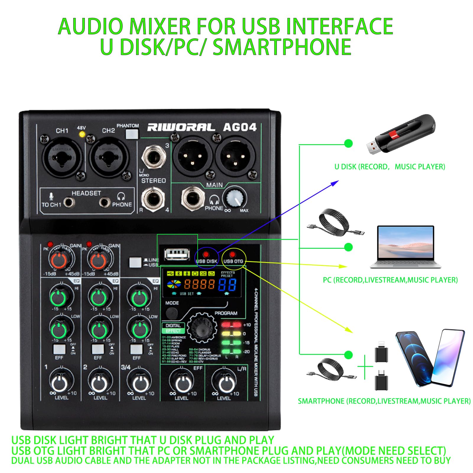 4 Channel Audio Mixer With Effects 88 Dsp Mixer Mixing Board Usb Interface Bluetooth Music Player + 48V Line Phantom Power Audio