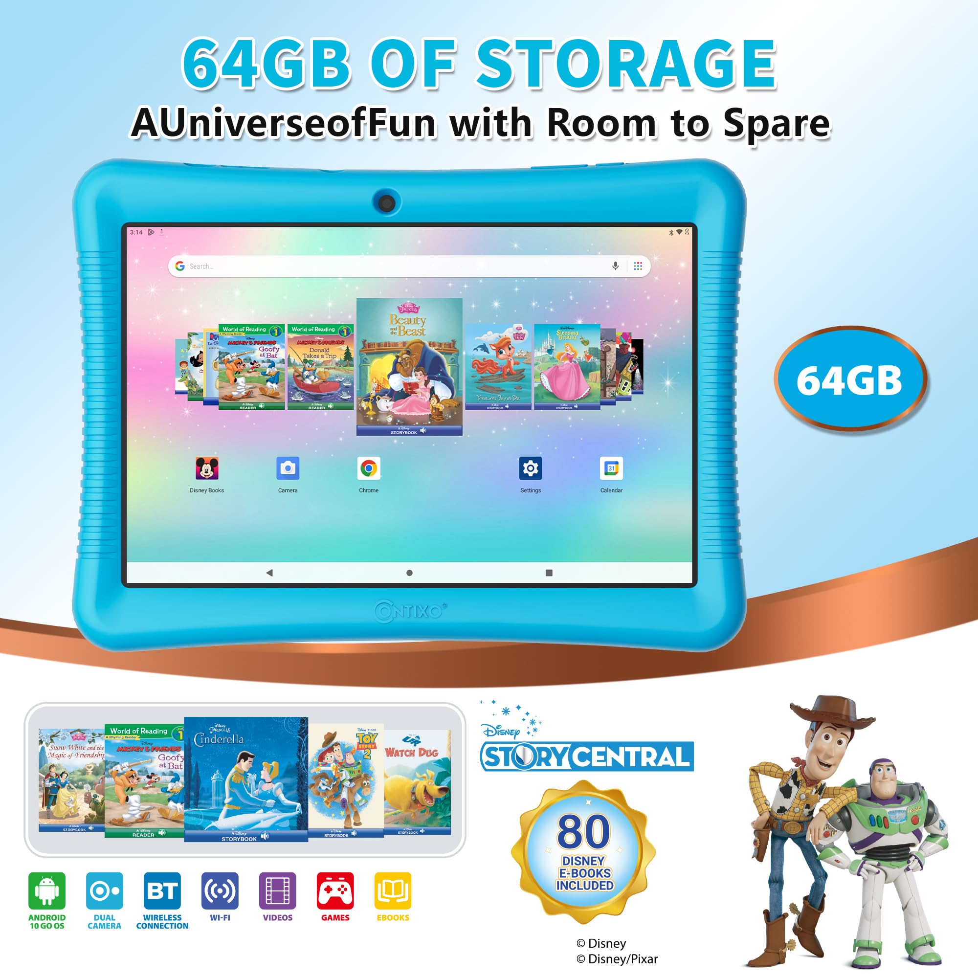 Contixo 10' Android Kids Tablet 32Gb, Includes 80+ Disney Storybooks & Stickers, Parental Controls, Kid Proof Case With Kickstand & Stylus, (2024 Model)   Blue