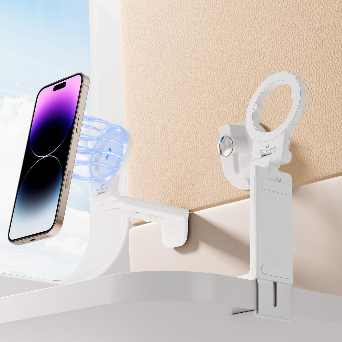 Profezzion Magnetic Airplane Phone Holder For Magsafe, Iphone 16, 15, 14, 13, 12 & All Phones, Handsfree Phone Mount For Seat Tr