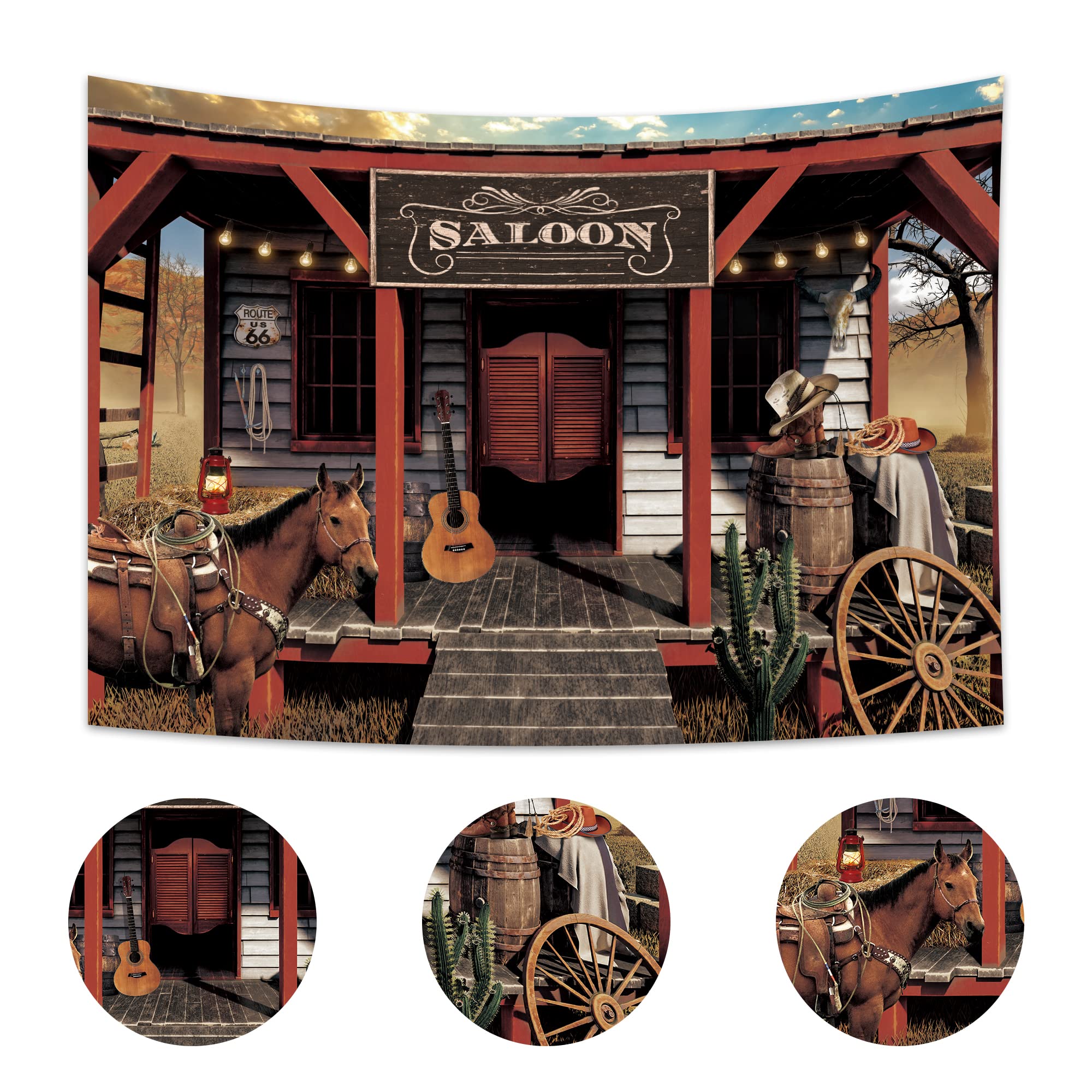 Imirell Vintage Westen Cowboy Backdrop 7Wx5H Feet Country Bar Saloon Wooden Wood Rural Barn Door Horse Wild West Polyester Fabri