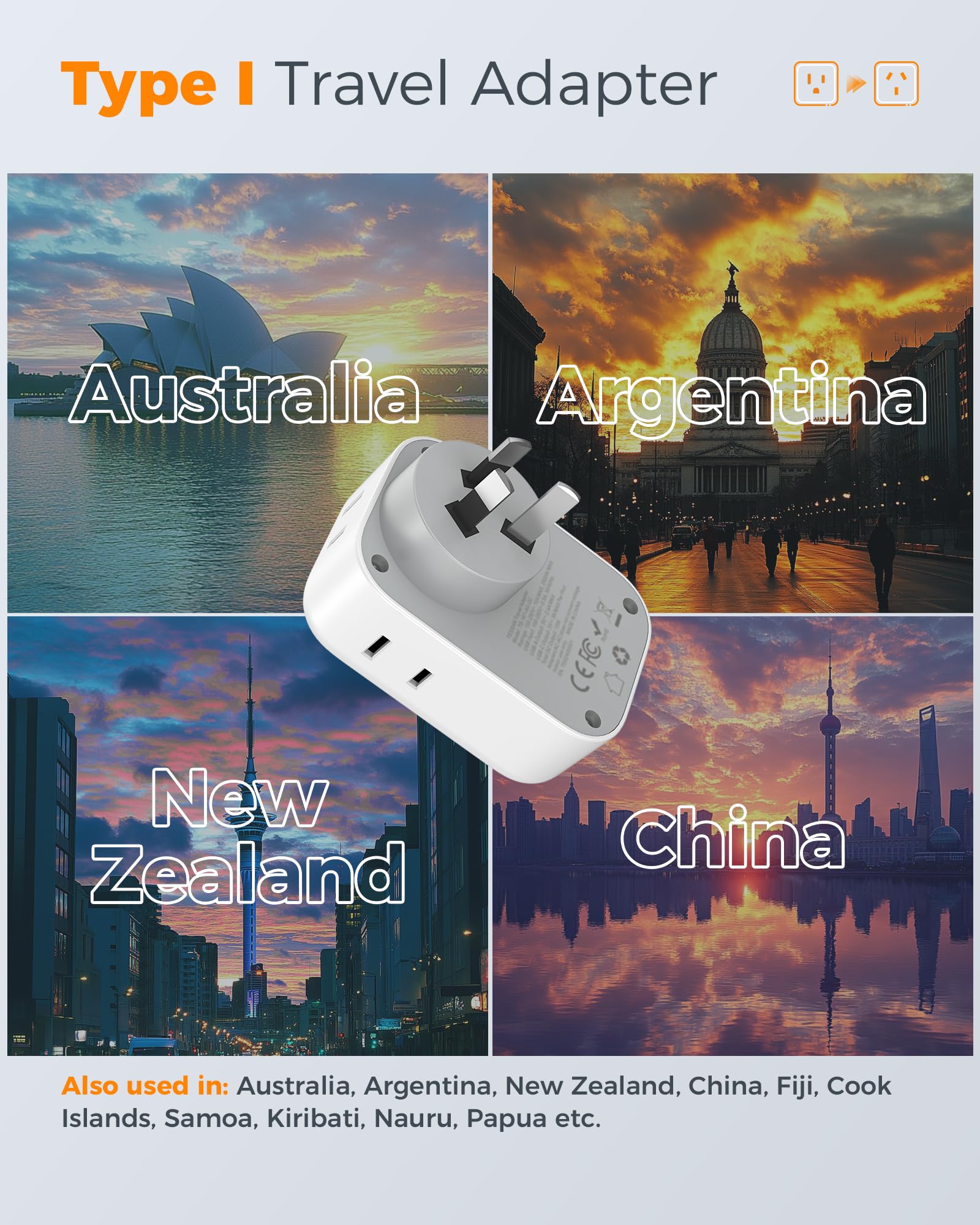 New Zealand Power Adapter 2 Pack, Tessan Adaptor For Australia With 4 Outlets 3 Usb (2 Usb C), Type I Plug Adapter For Us To Arg
