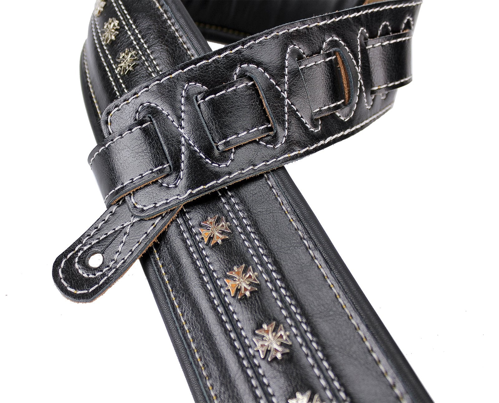 Walker & Williams C 35 Blk Smooth Texture Premium Black Full Grain Leather Soft Padded Guitar Strap With Metal Crosses For Acous