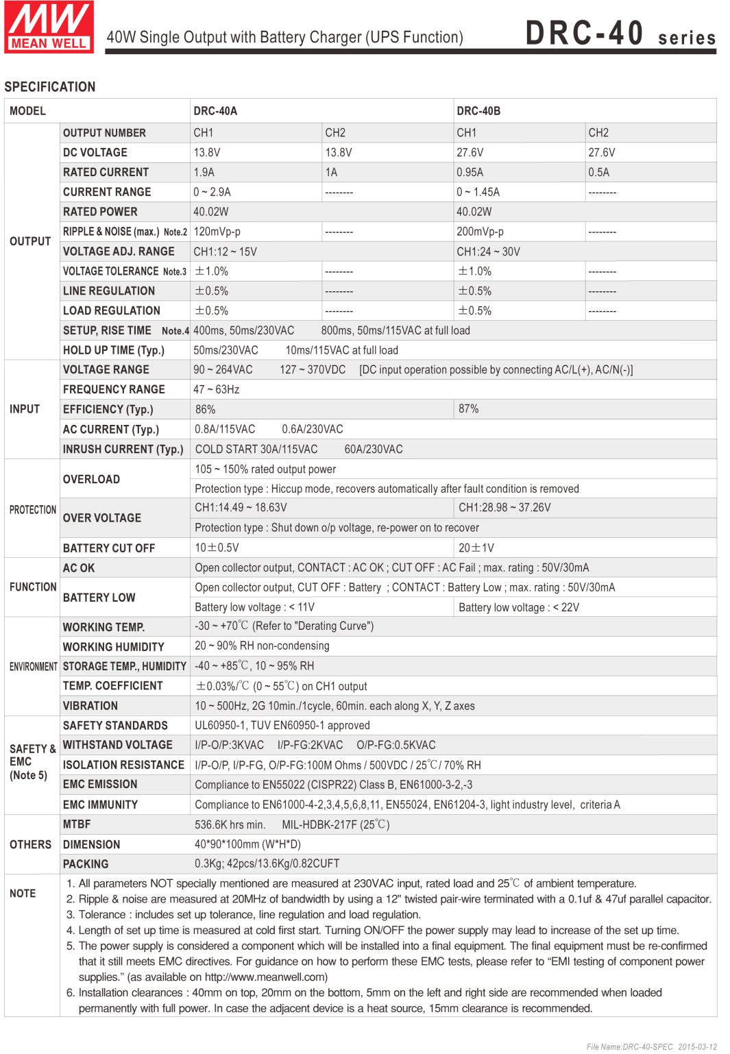 Mean Well (Drc 40A) Din Rail Single Output Switching Power Supplies With Battery Charger (Ups Function), Output: 40.02W 13.8V 1.