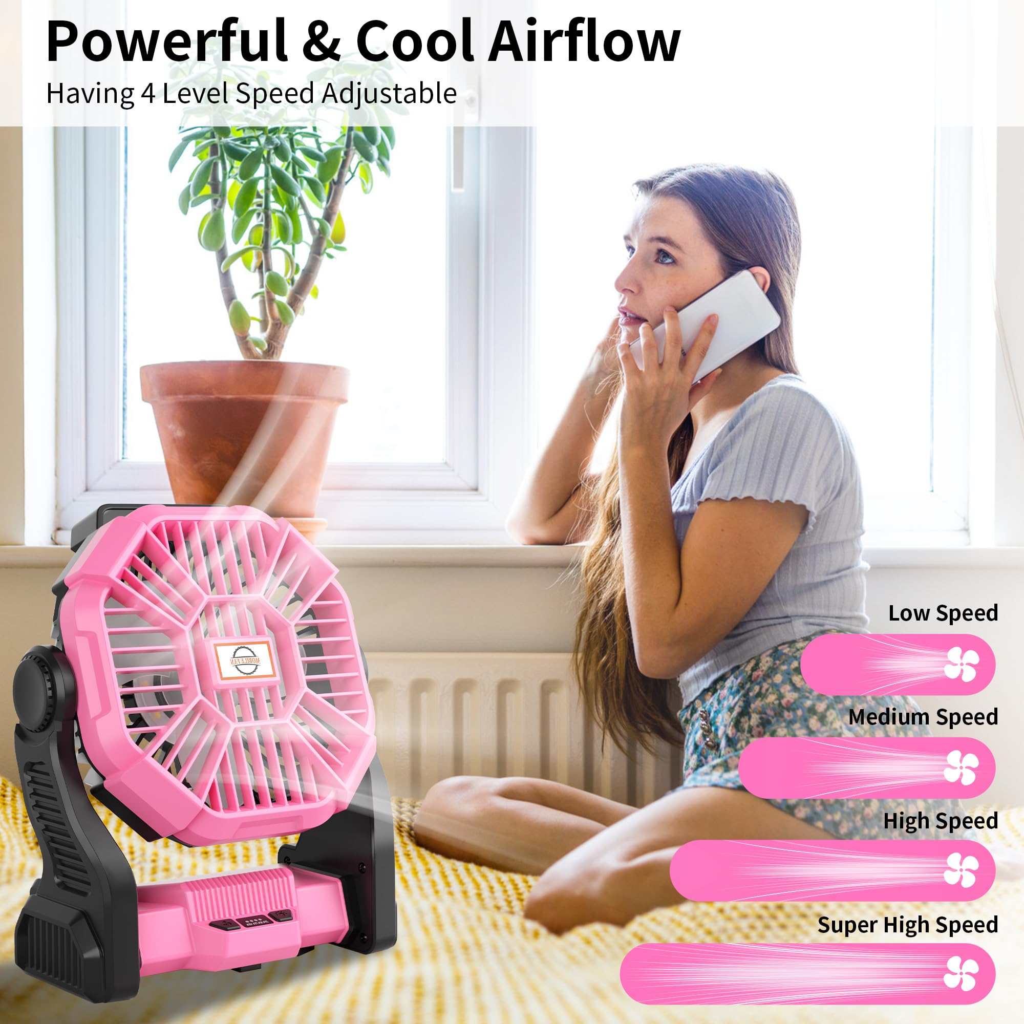 Tdlol Rechargeable Fan Battery Powered Fan,Portable Camping Fan With Led Lights & 360Hook,Battery Operated Fan For Camping,Cordl