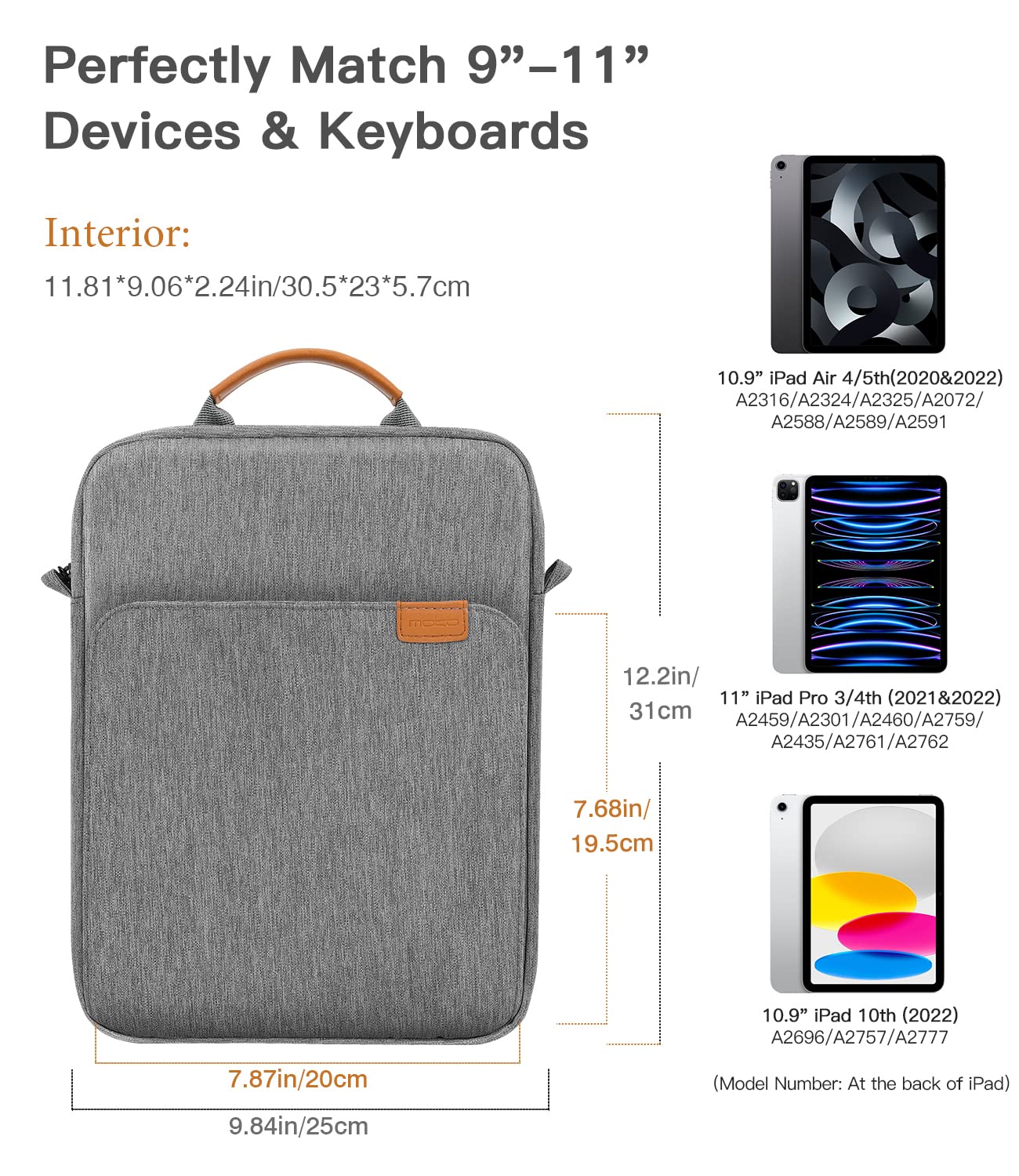 MoKo 9 11 Inch Tablet Sleeve Bag Handle Carrying Case with Shoulder Strap Fits New 11 inch iPad Pro M4/iPad Air M2, iPad 10th 10.9, iPad 9/8/7th 10.2, iPad Air 5/4th 10.9, Tab S8/S9 11, Dark Gray