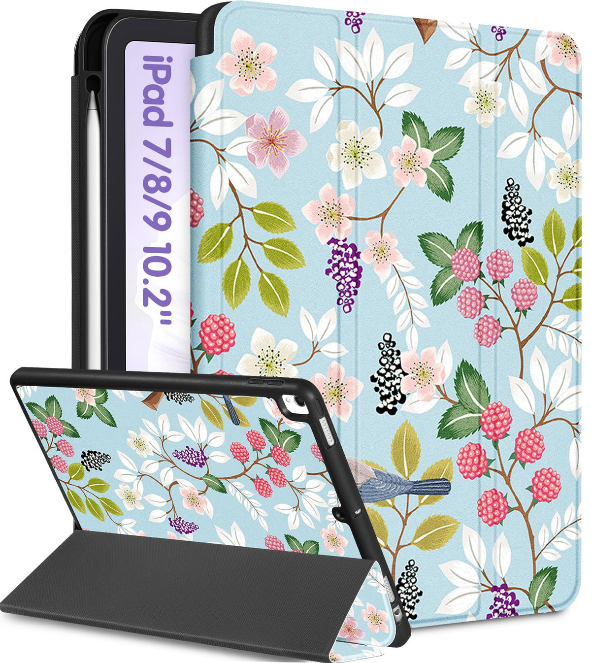 Uppuppy For Ipad 9Th/8Th/7Th Generation Case 10.2 Inch Girls Cute Women Folio Smart Cover Pencil Holder Birds Floral Aesthetic D