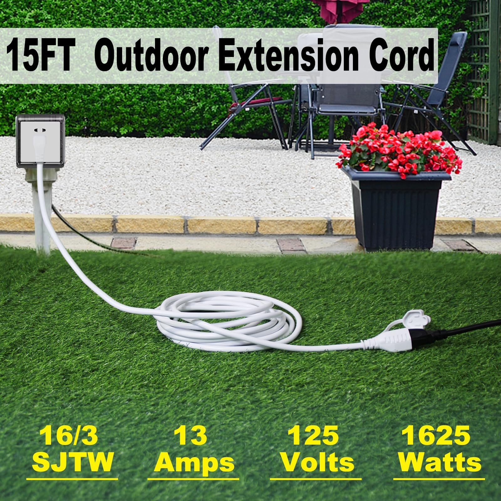 15Ft White Outdoor Extension Cord   16Awg 90Degree Flat Plug Outdoor 3 Prong Extension Cord, Single Sjtw Extension Cord,125V 13A
