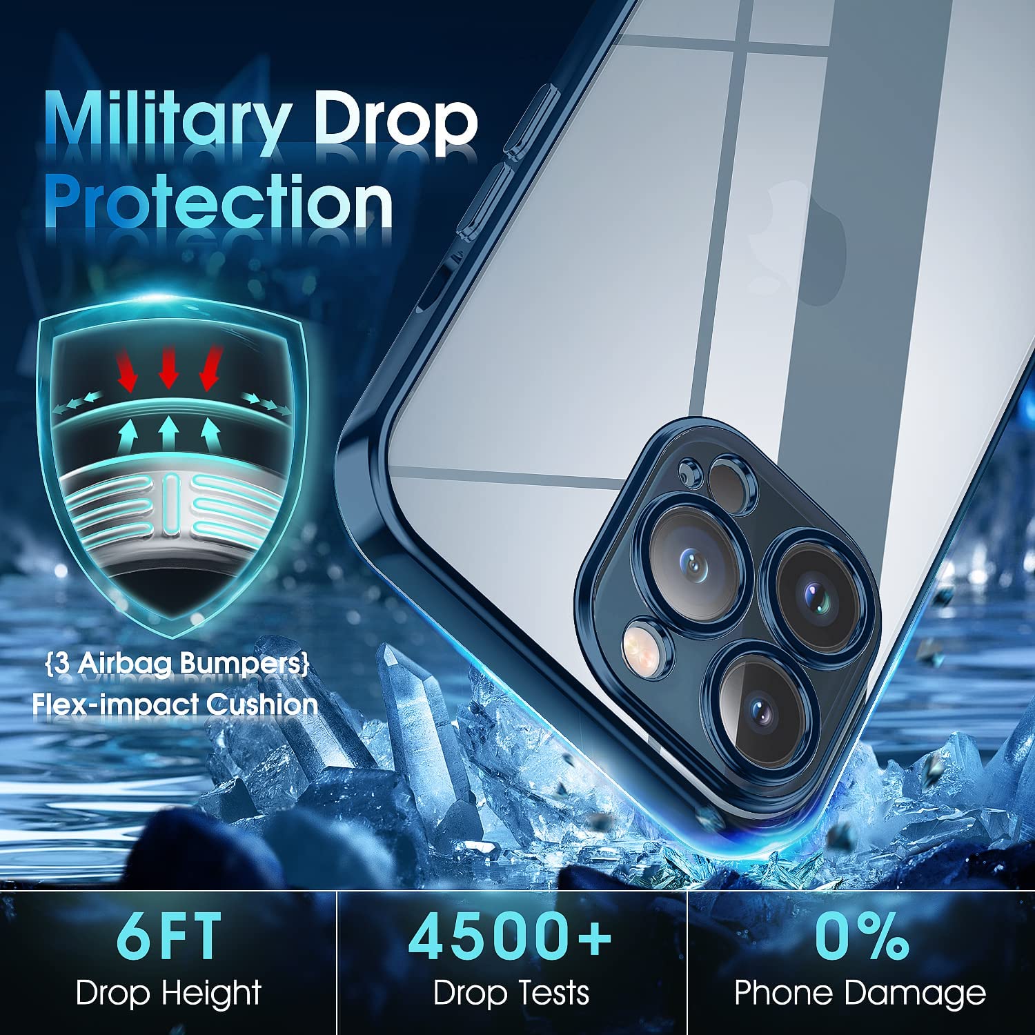 Supdeal Crystal Clear Shockproof Phone Case for iPhone 12 Pro Max Military Grade Drop Tested Silicone Blue