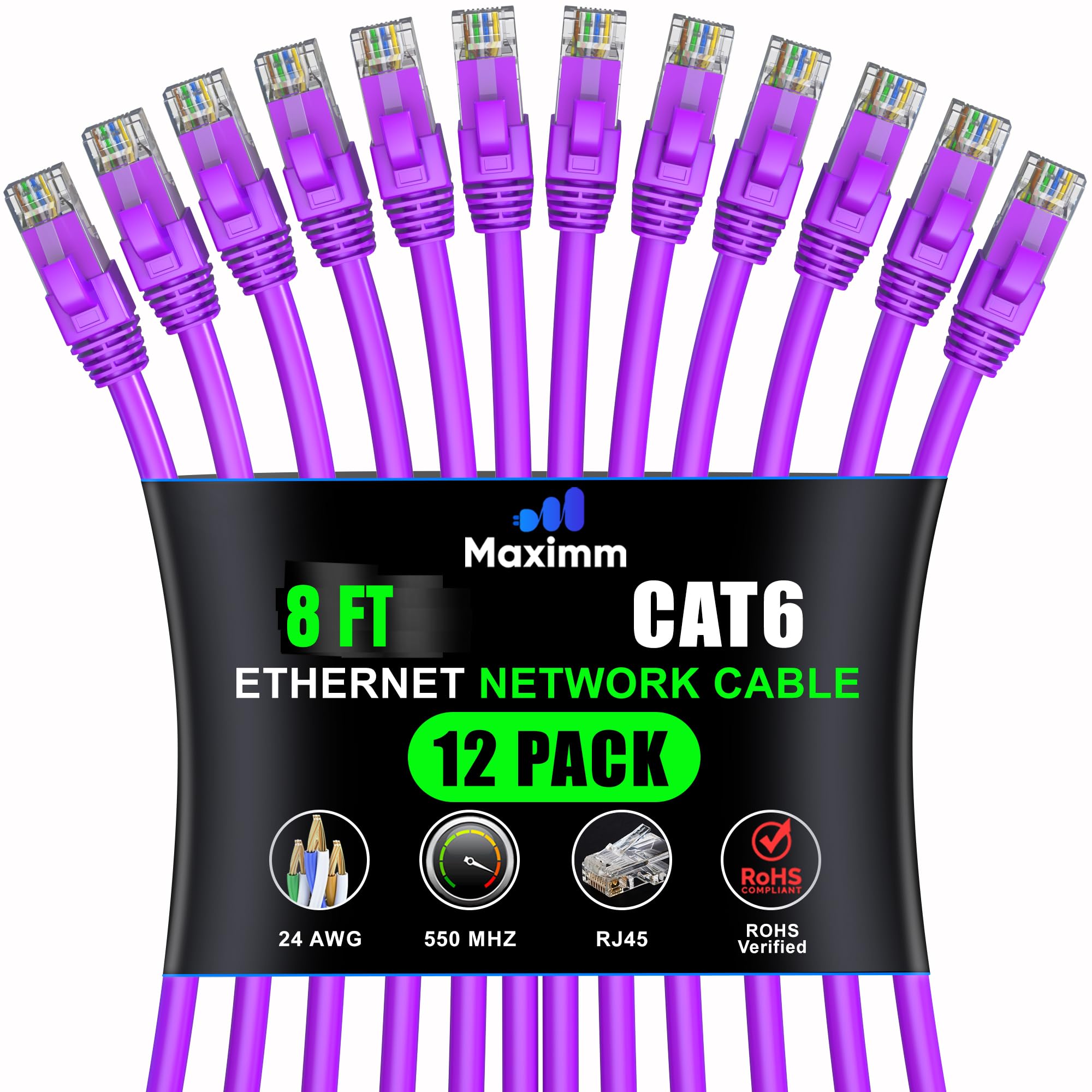 Maximm Cat 6 Ethernet Cable 8 Ft (12 Pack)   High Speed Lan Cable, Internet Cable, Patch Cable, And Network Cable   Utp, 10Gbps, 550Mhz Ethernet Cord   Purple