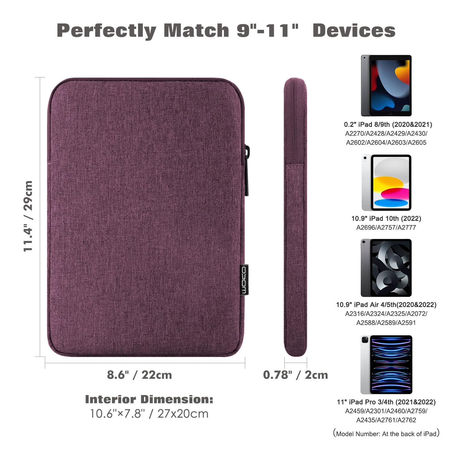 MoKo 9 11 Inch Tablet Sleeve Bag Carrying Case Fits New 11 inch iPad Pro M4/iPad Air M2 2024, iPad Air 5/4/3 10.9'/10.5', iPad Pro 11 M2, iPad 10th 10.9, iPad 9/8th Gen 10.2, Tab S8/S9 11', Purple