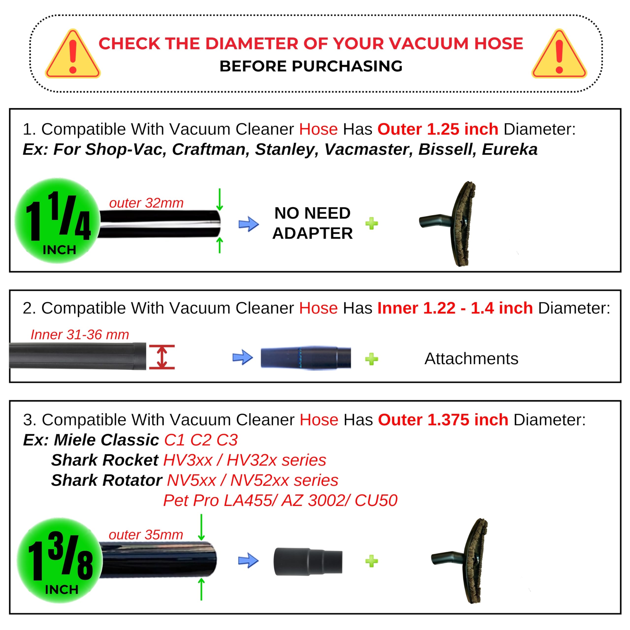 Replacement Vacuum Brush Head With 32Mm Connection & 1-3/8-Inch To 1-1/4-Inch Adapter | Works On Low Carpet & All Floors | Horse