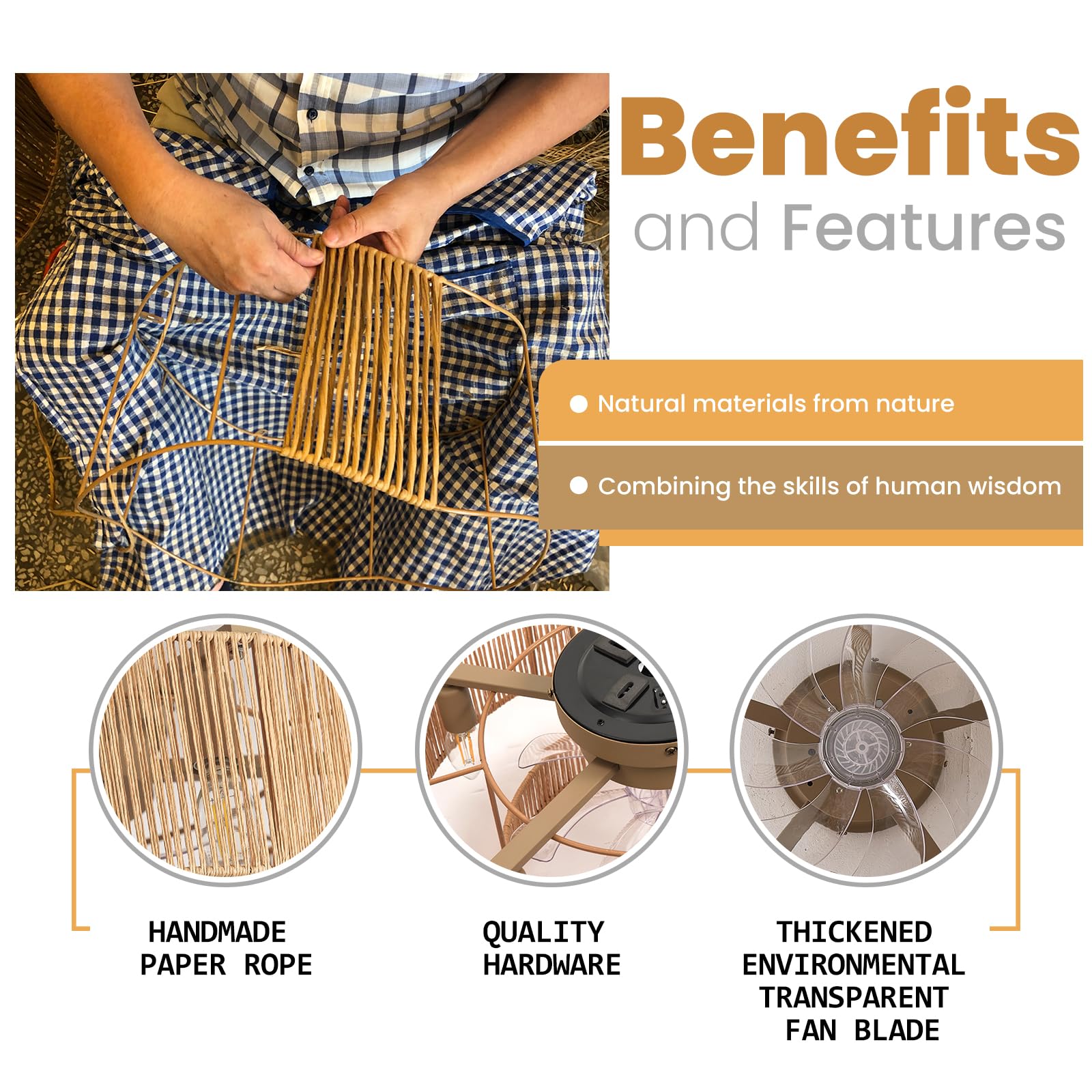 20 Inch Boho Caged Ceiling Fans With Lights Flush Mount, Layered Rattan Ceiling Fan With Light Remote Control With Reversible 6