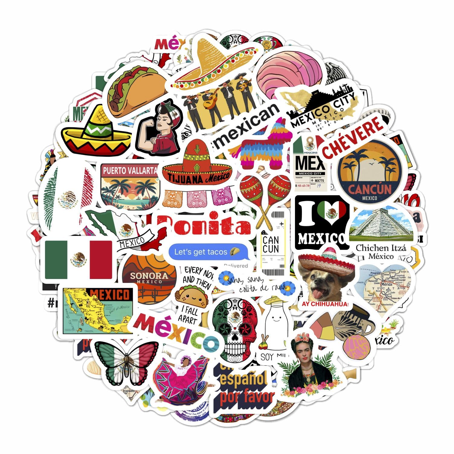 100Pcs Mexico Stickers, Mexican Stickers For Water Bottle And Laptop   Mexico Party Favors & Decorations, Waterproof Vinyl Decal