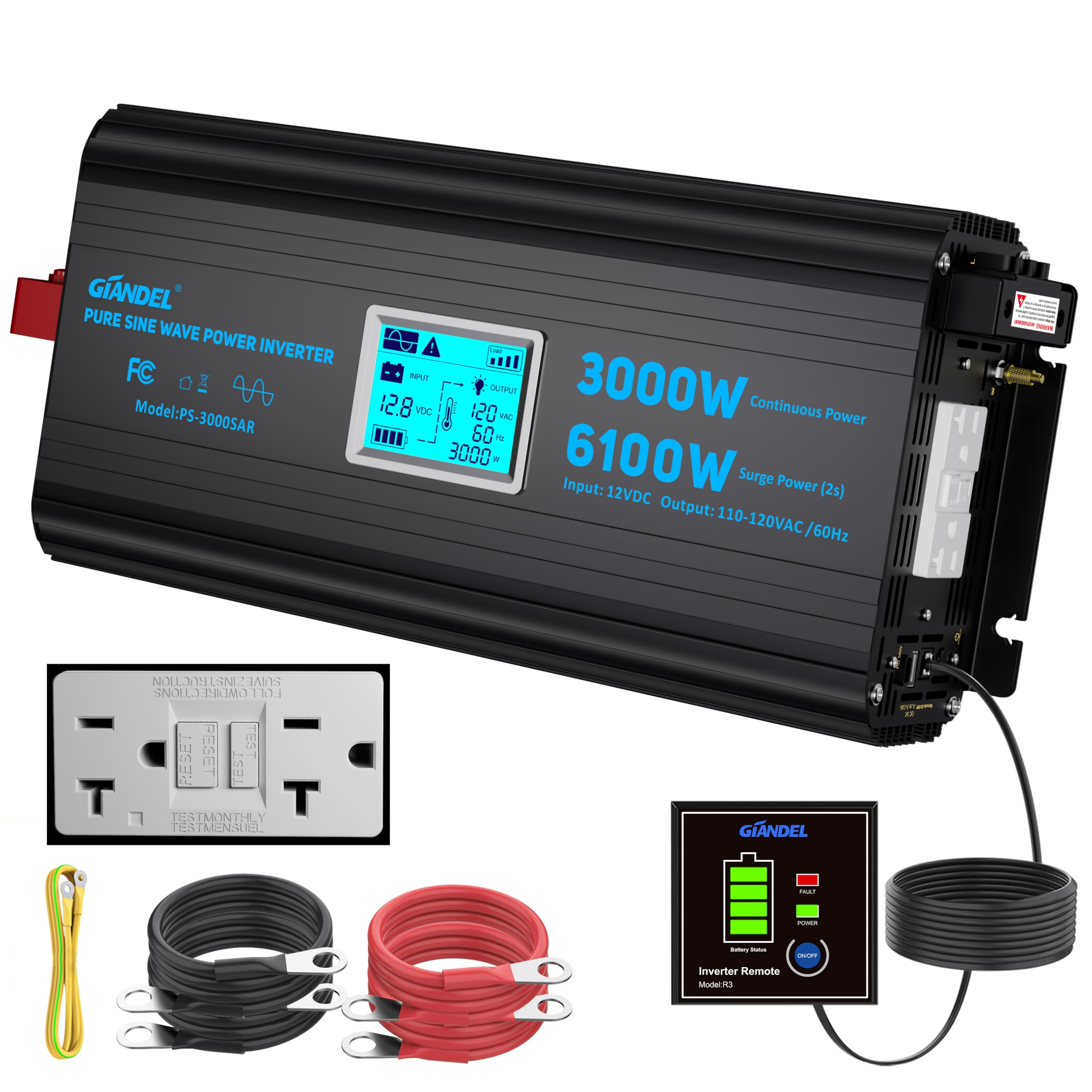 3000 Watt Power Inverter Pure Sine Wave with 6100Watt Surge for 2S 12V DC to 120V AC Converter,UL Listed GFCI outlets, Lithium B
