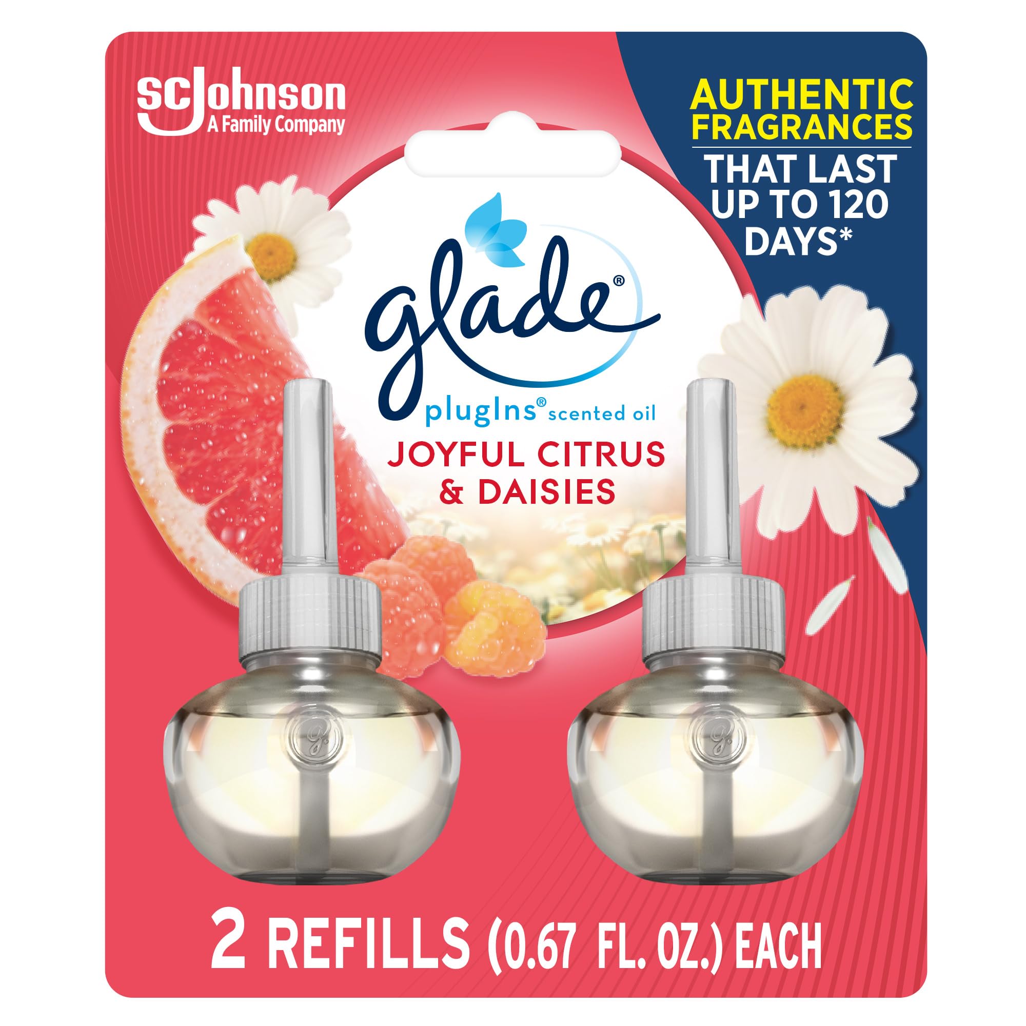 Glade Plugins Refills Air Freshener, Scented And Essential Oils For Home And Bathroom, Joyful Citrus & Daisies, 1.34 Fl Oz, 2 Co