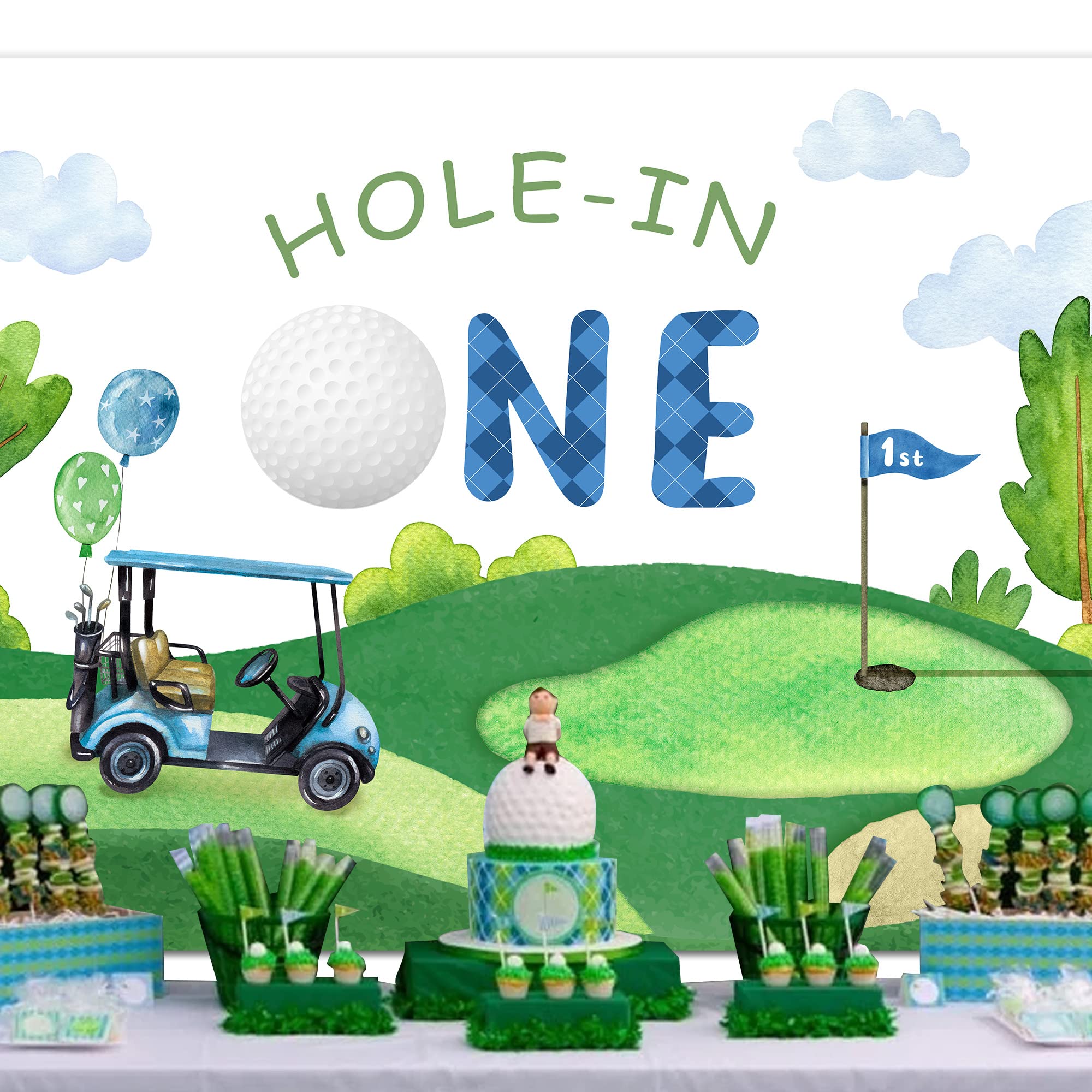 Svbright Golf 1St Happy Birthday Backdrop 8Wx6H Cute Cartoon Hole In One Watercolor Green Grass Plant Sports Themed Baby Shower