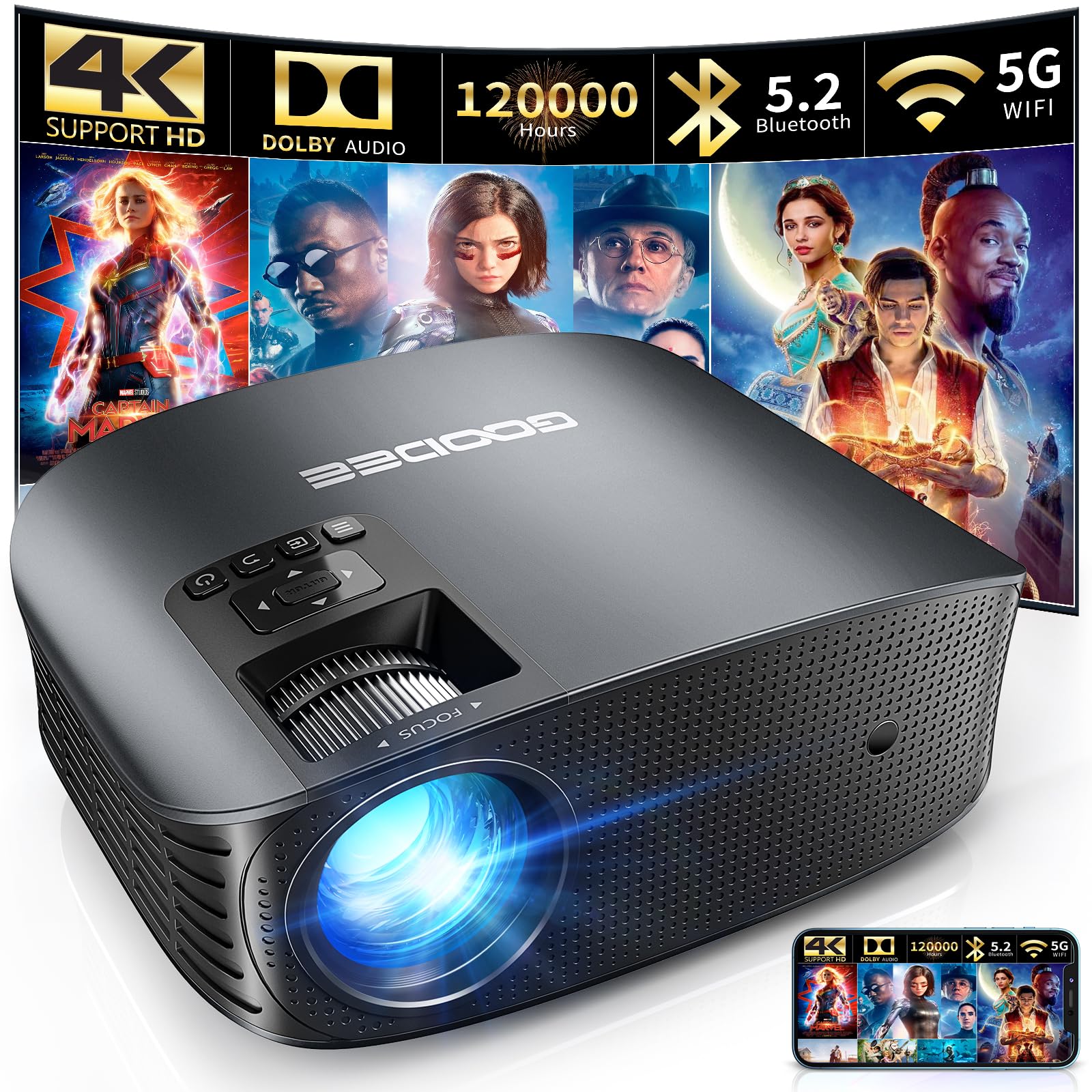 Goodee Projector 4K With Wifi And Bluetooth Supported, Fhd 1080P Mini Projector For Outdoor Moives, 5G Video Projector For Home