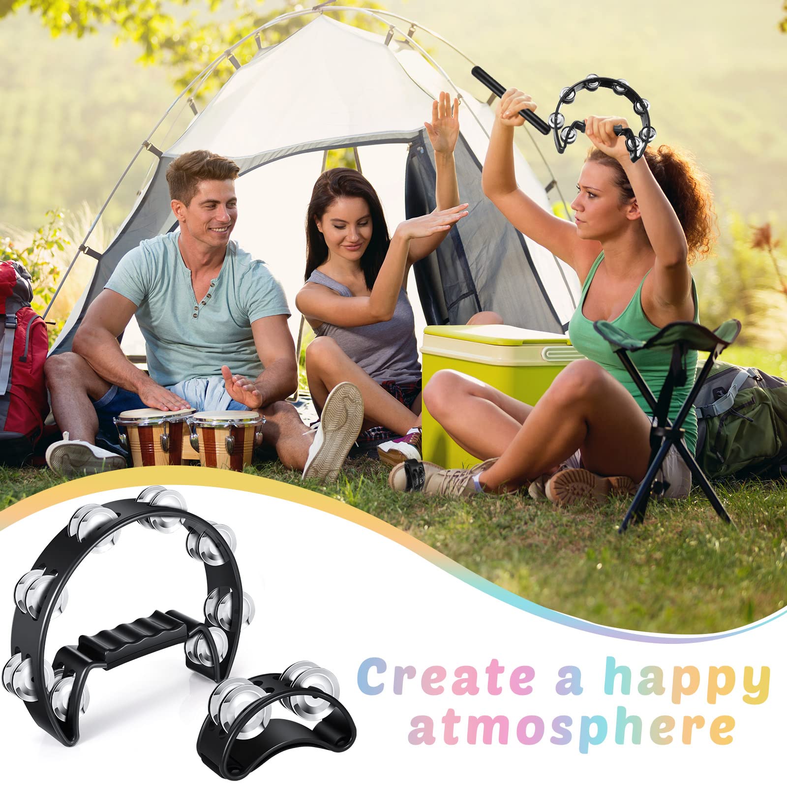Yeshone 6 Pcs Tambourines For Adults, Hand Held Half Moon Tambourine Foot Tambourine With Bells Wood Rhythm Sticks Egg Shakers M