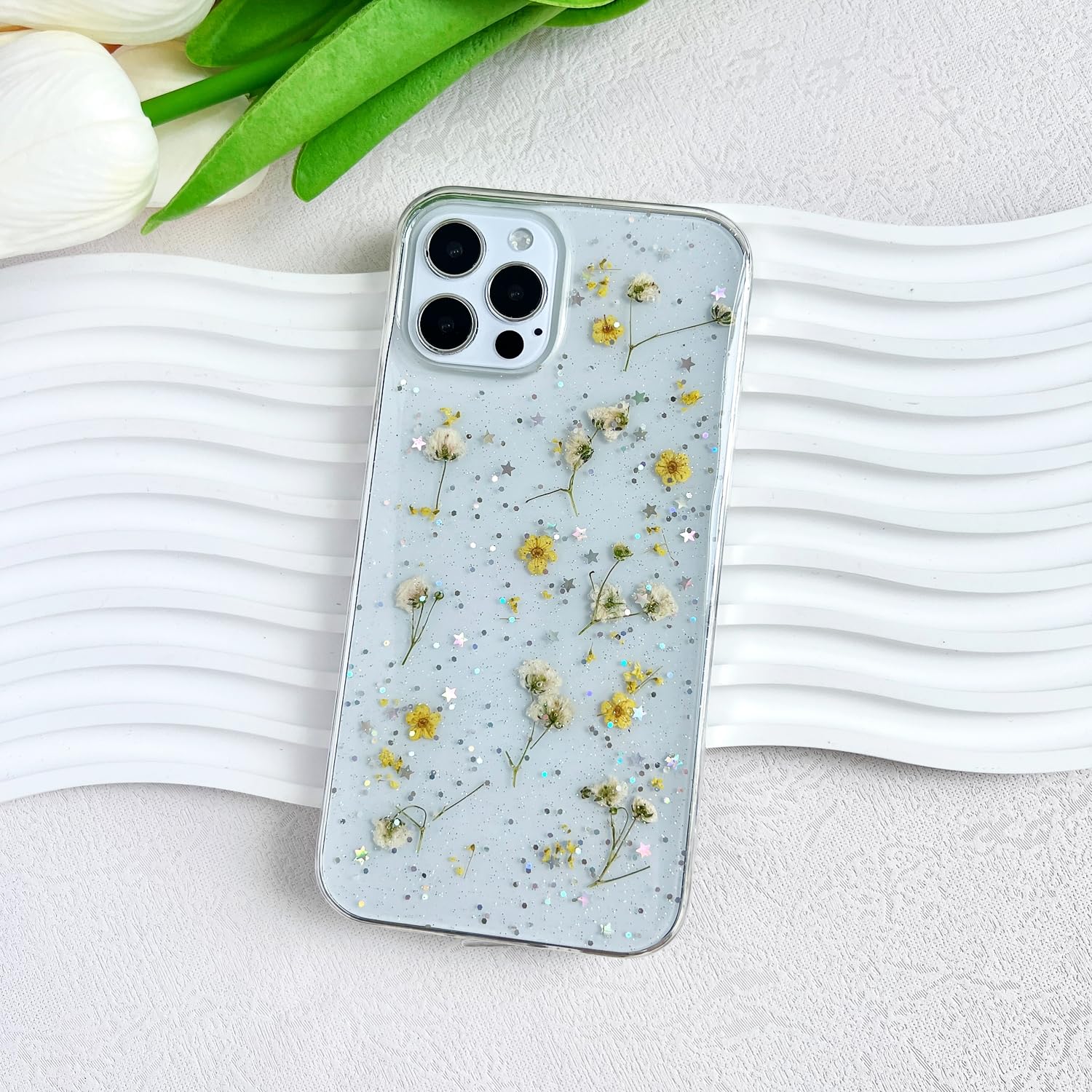 Lseeka For Iphone 12 Pro Max Clear Case With Pressed Real Flowers Design,Glitter Cute Yellow Floral Pattern Slim Soft Tpu Protec