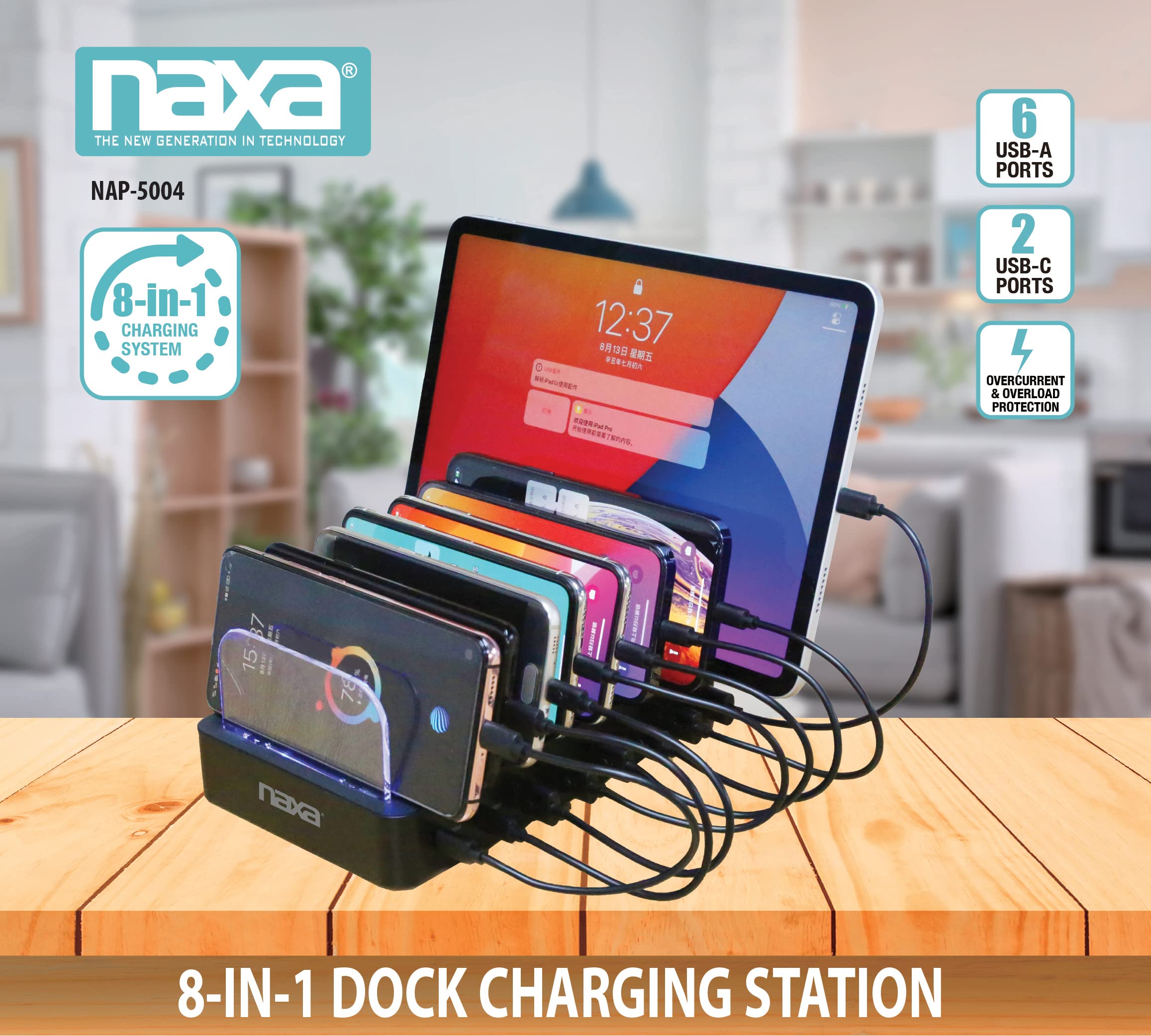 Naxa Electronics Nap-5004 8-In-1 Dock Charging Station With Qi 15W Wireless, Usb-A And Usb-C For Phones And Electronics, Black