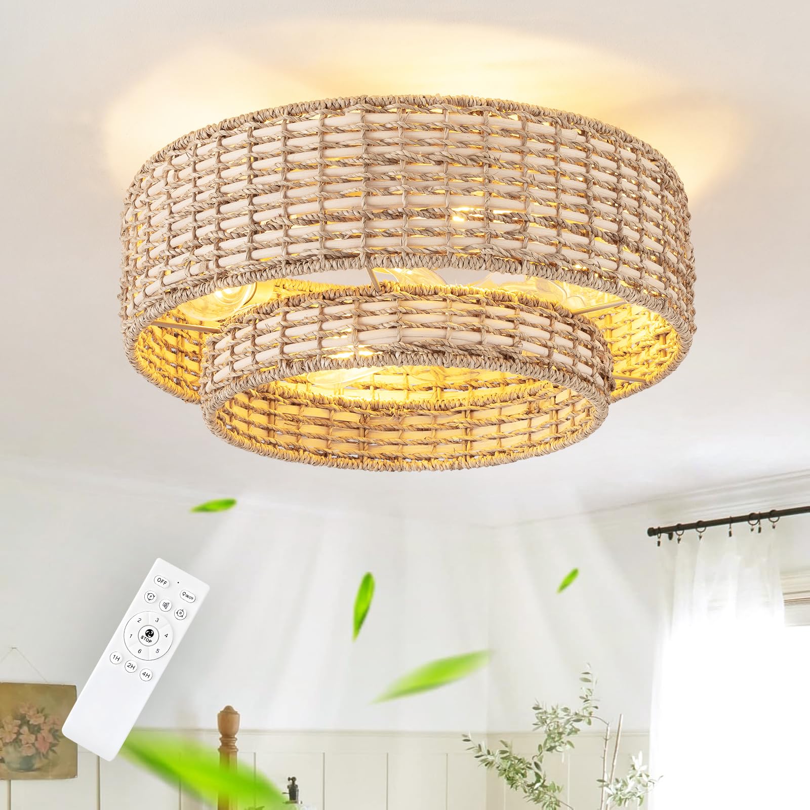 Jughtbo Boho Caged Ceiling Fans with Lights Flush Mount, Layered Rattan Ceiling Fan with Light Remote Control with Reversible 6 