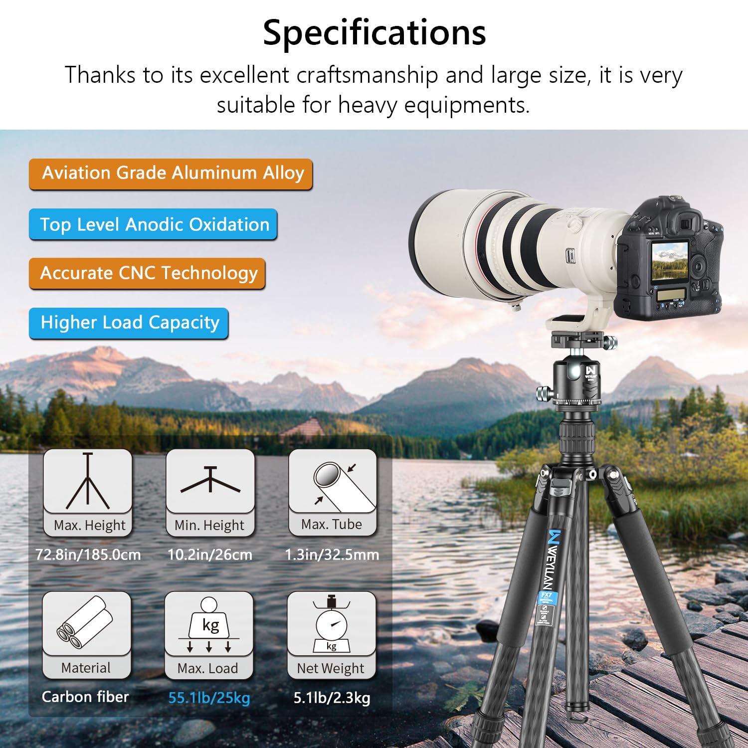 Professional Heavy Duty Carbon Fiber Tripod, Artcise 72.6'' Camera Tripod Monopod, 10 Layer Carbon Fibre Tube, 32.5Mm Leg With Panorama 44Mm Tripod Ball Head For Canon Sony Dslr Slr Digital Camcorder