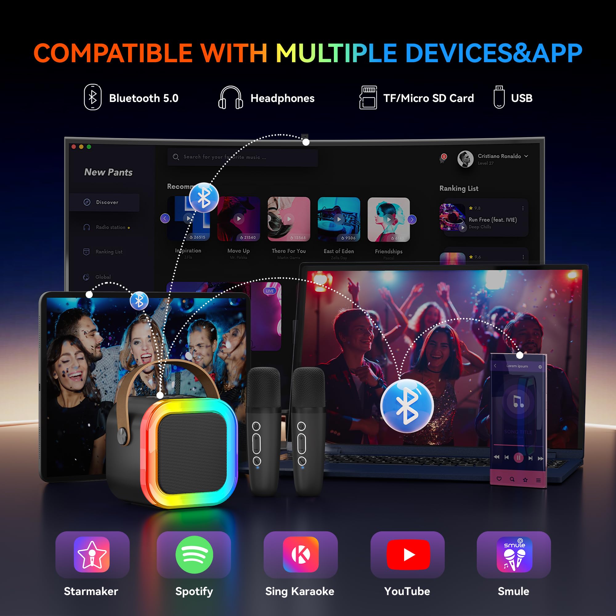 Karaoke Machine For Kids Adults, Portable Bluetooth Mini Karaoke Microphone Singing Speaker With 2 Wireless Mic And Light,Toys F