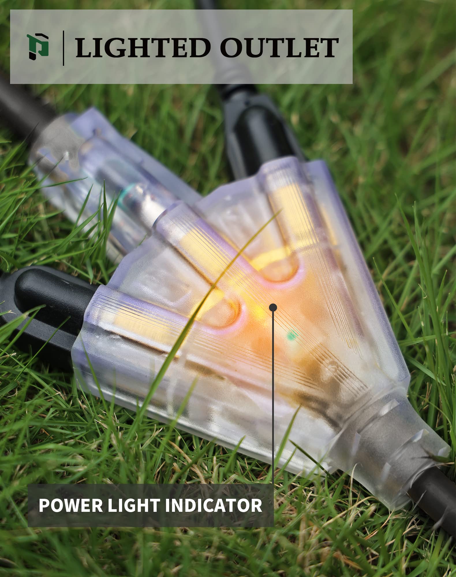 15Ft 12 Gauge Outdoor Extension Cord With 3 Outlets, 2 Pack, Heavy Duty 3 Prong Extension Cord Waterproof With Lighted End, 15A