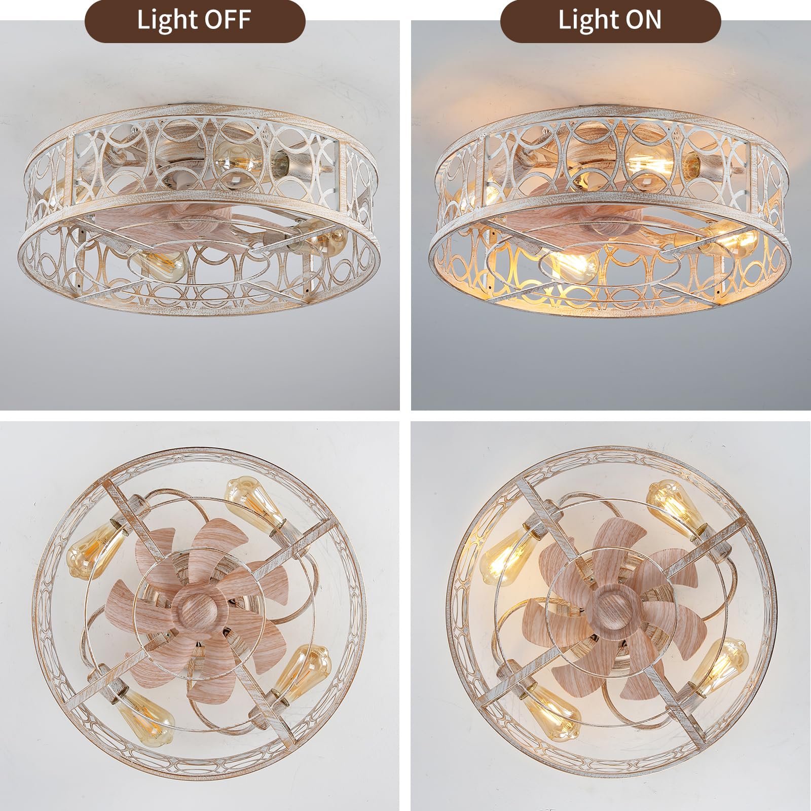 Alaruder Ceiling Fans With Lights Flush Mount,20 Inch Caged Modern Small White Fan For Bedroom,Low Profile Ceiling Fan With Remo